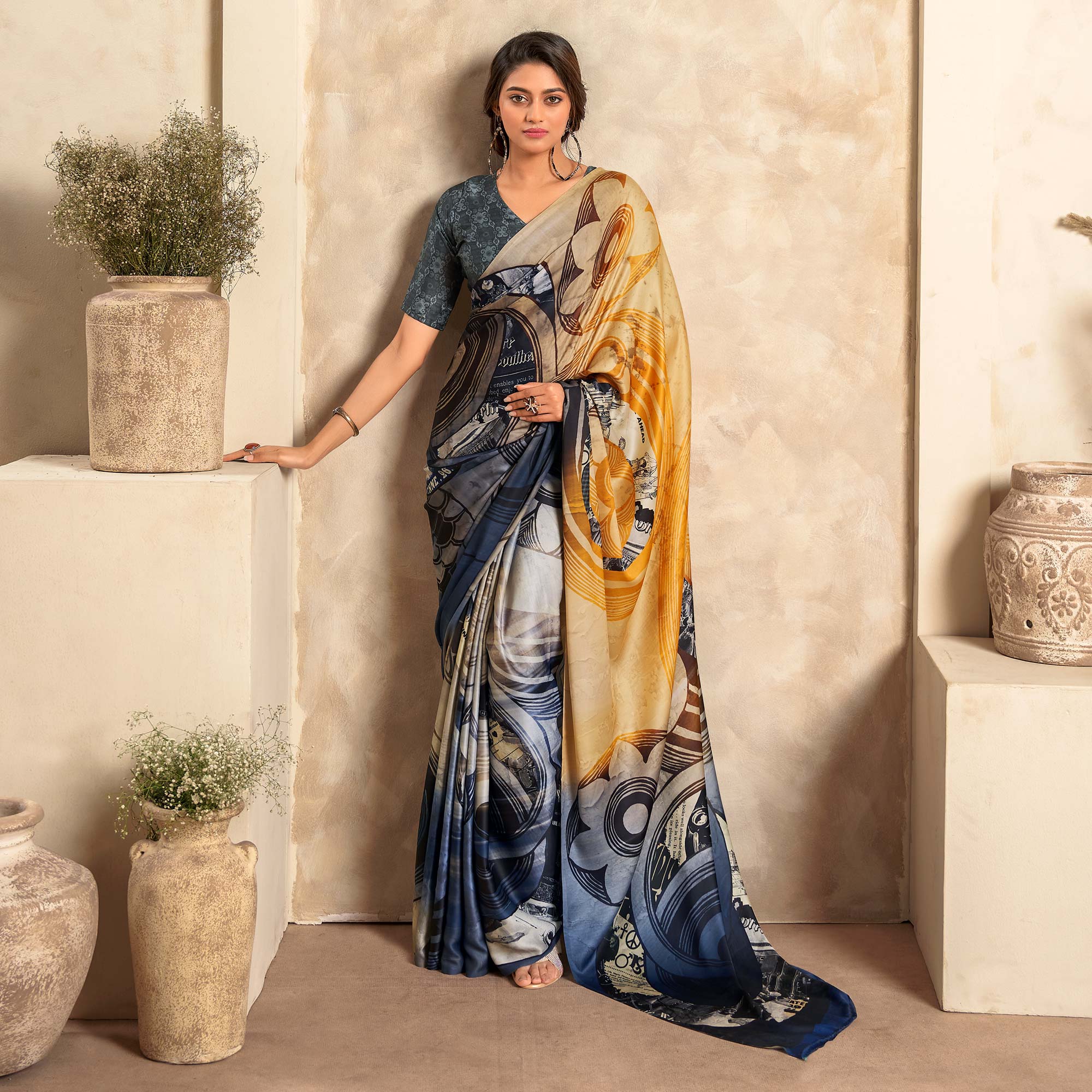 Peachmode Multicolor Abstract Printed Satin Saree
