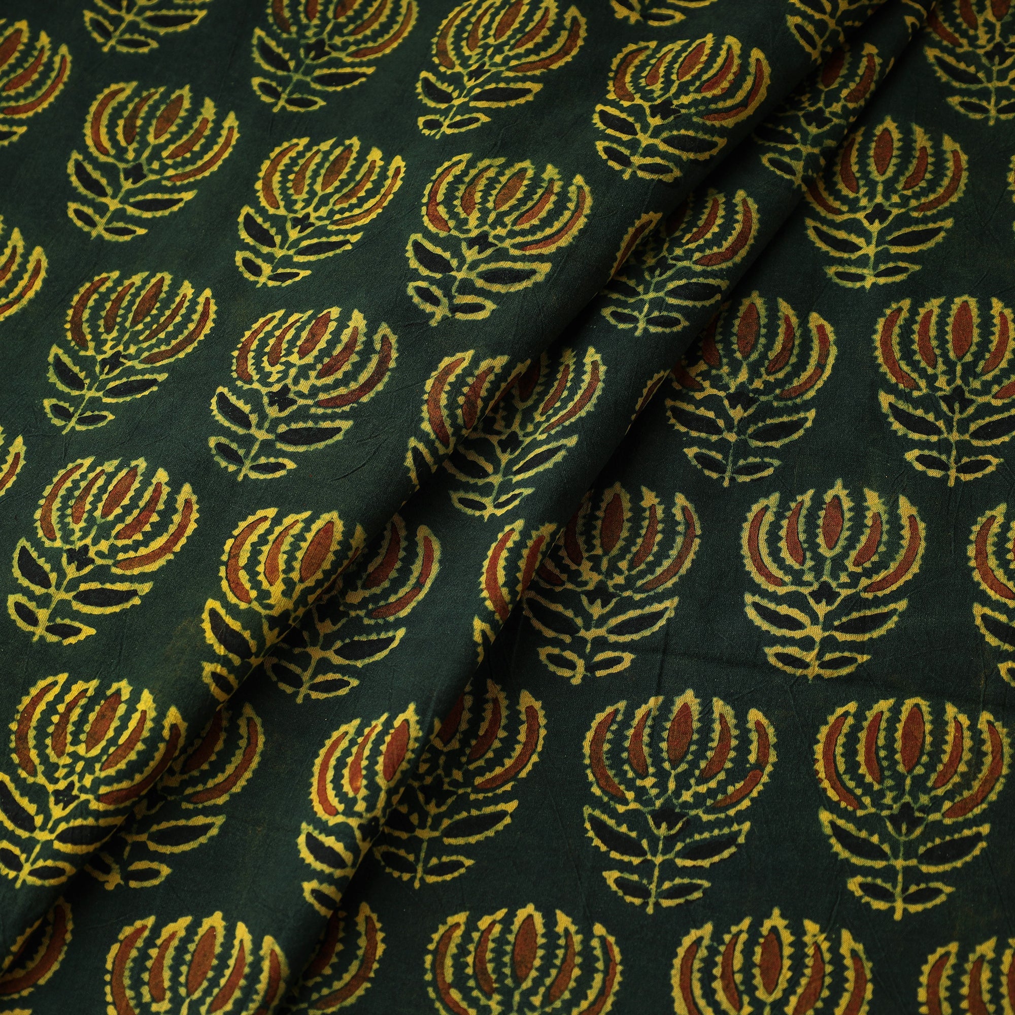 AJRAKH BY JABBAR KHATRI Big Green Lotus Butta Ajrakh Hand Block Printed Cotton Fabric - view 2