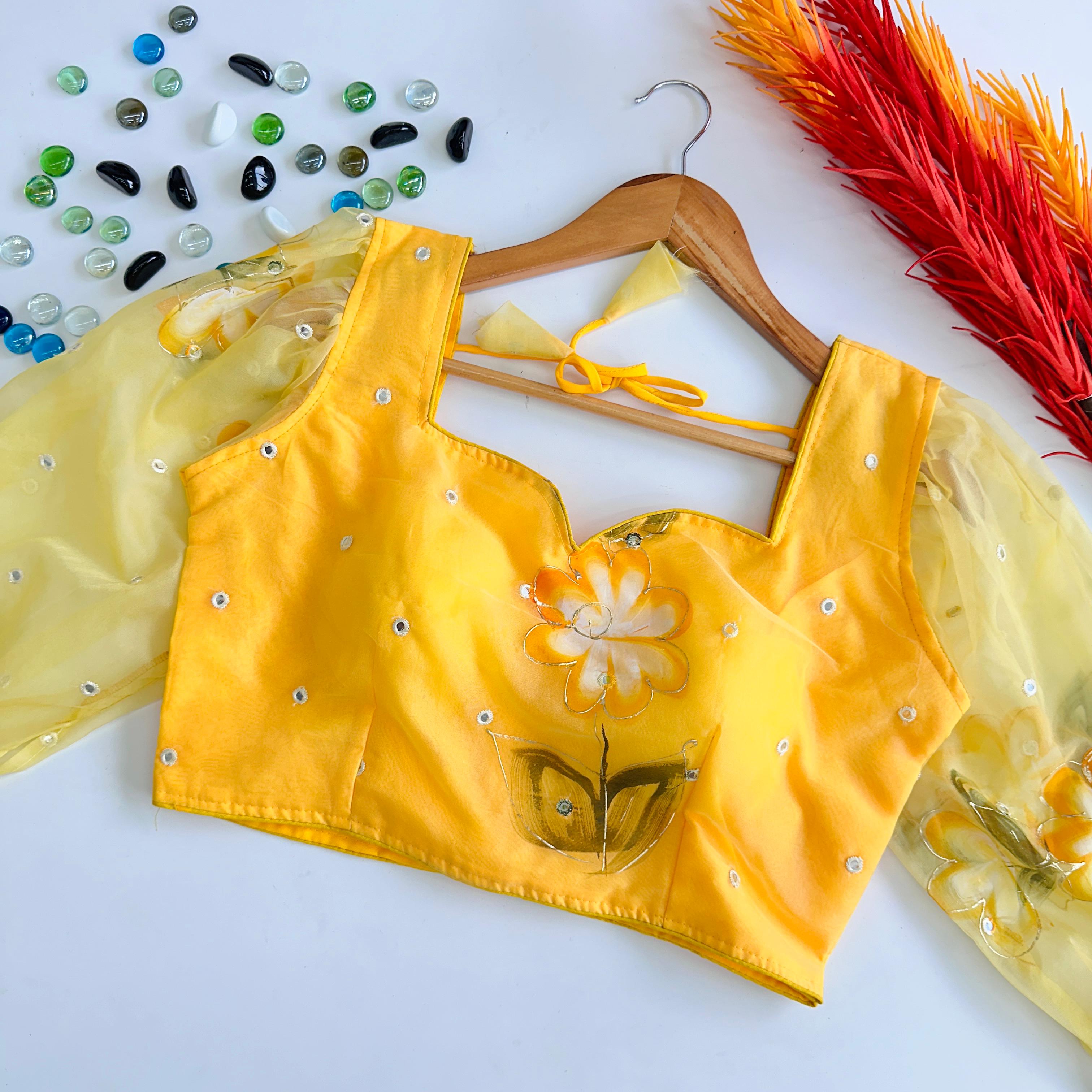 ClothsVilla Yellow Hand-Painted Organza Silk Blouse with Embroidery Accents