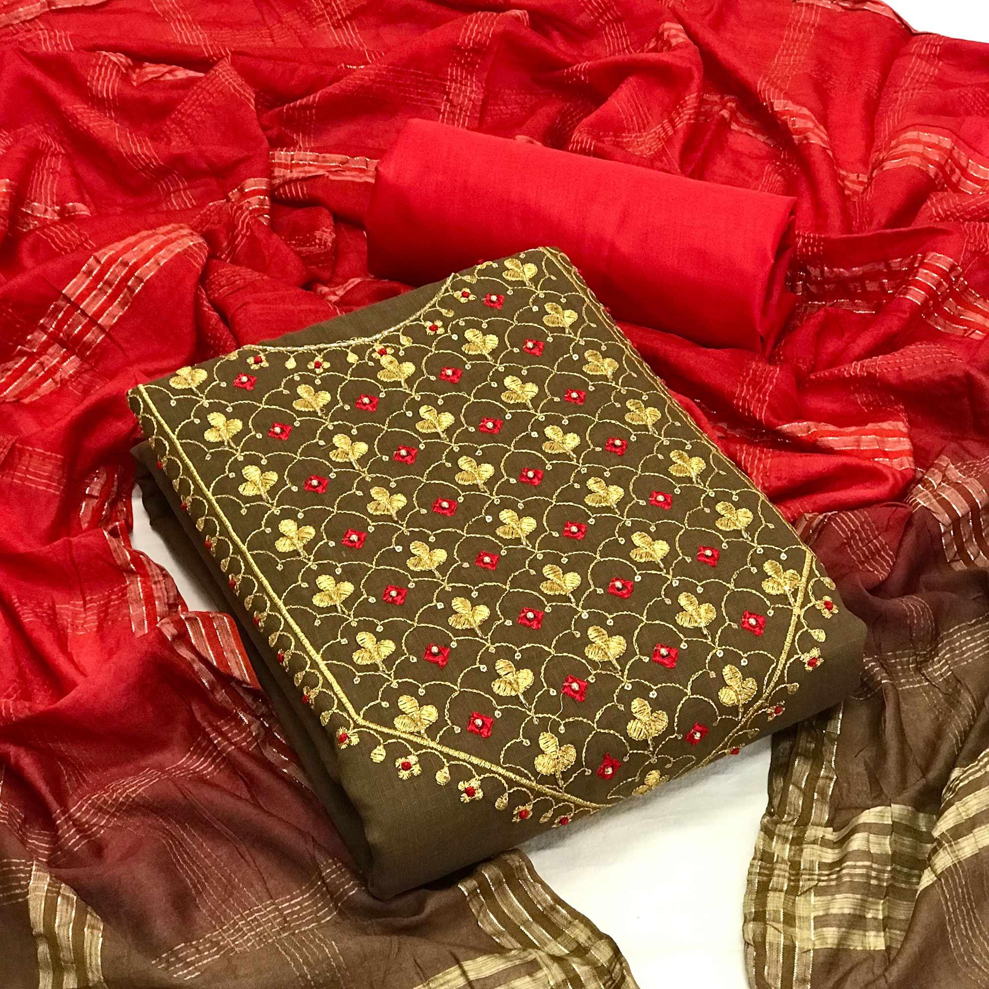 Peachmode Brown Embroidered With Embellished Cotton Blend Dress Material