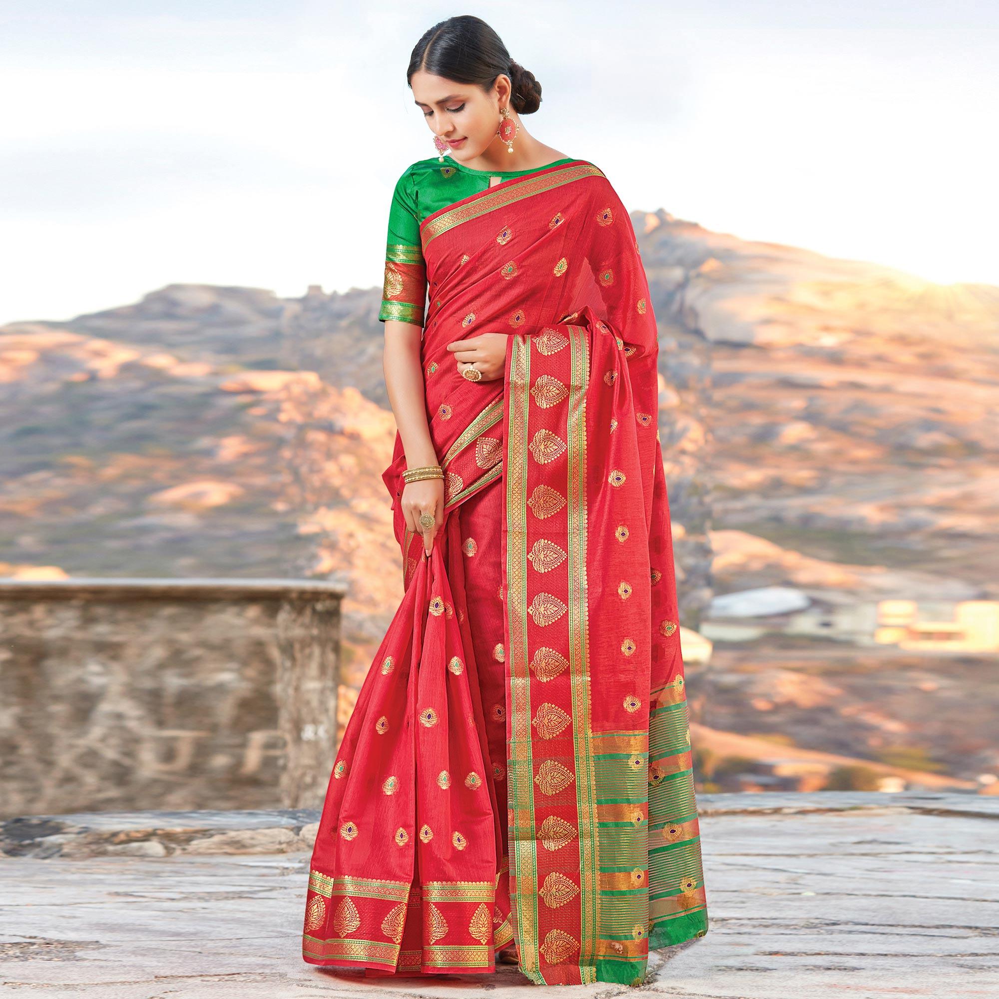 Peachmode Classy Red Colored Festive Wear Woven Cotton Handloom Saree
