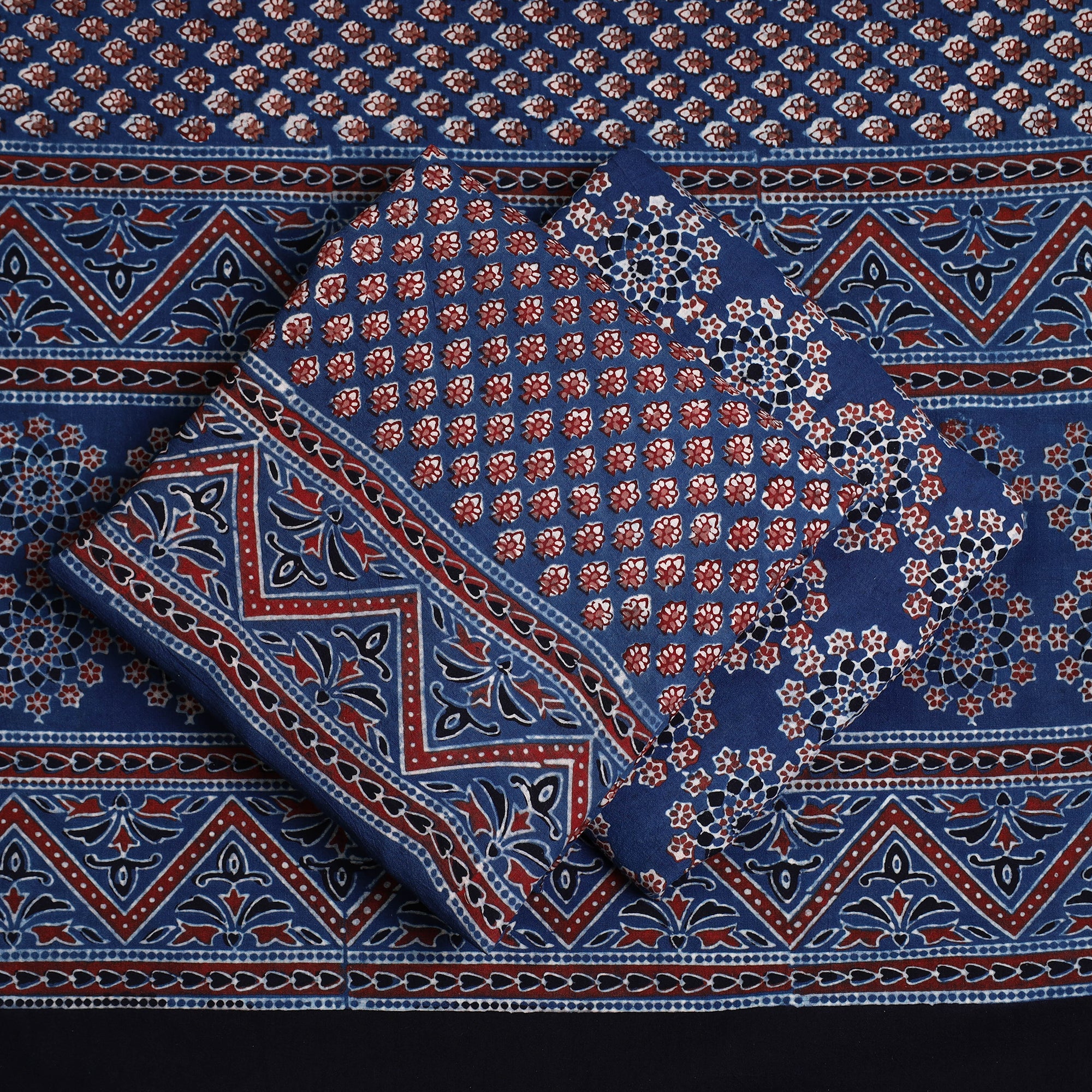 AJRAKH BY JABBAR KHATRI Blue - Hand Block Print Cotton 3pc Ajrakh Dress Material 30 - view 2