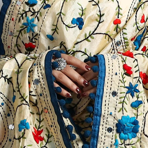 ITOKRI CRAFTS INITIATIVE Beige - Hand Embroidery Chanderi Silk Phulkari Dupatta 35 - view 4