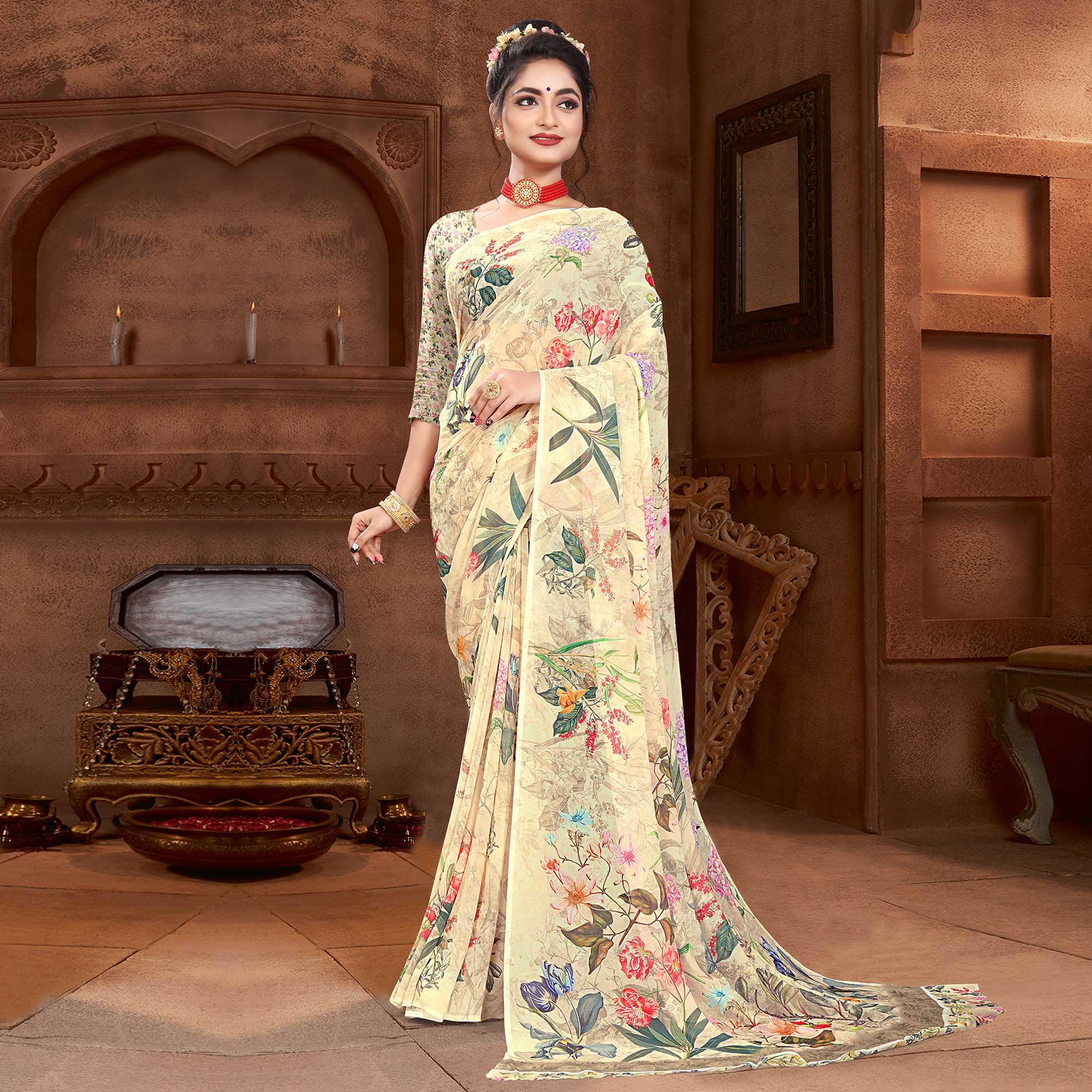 Peachmode Cream Digital Printed Georgette Saree - view 2