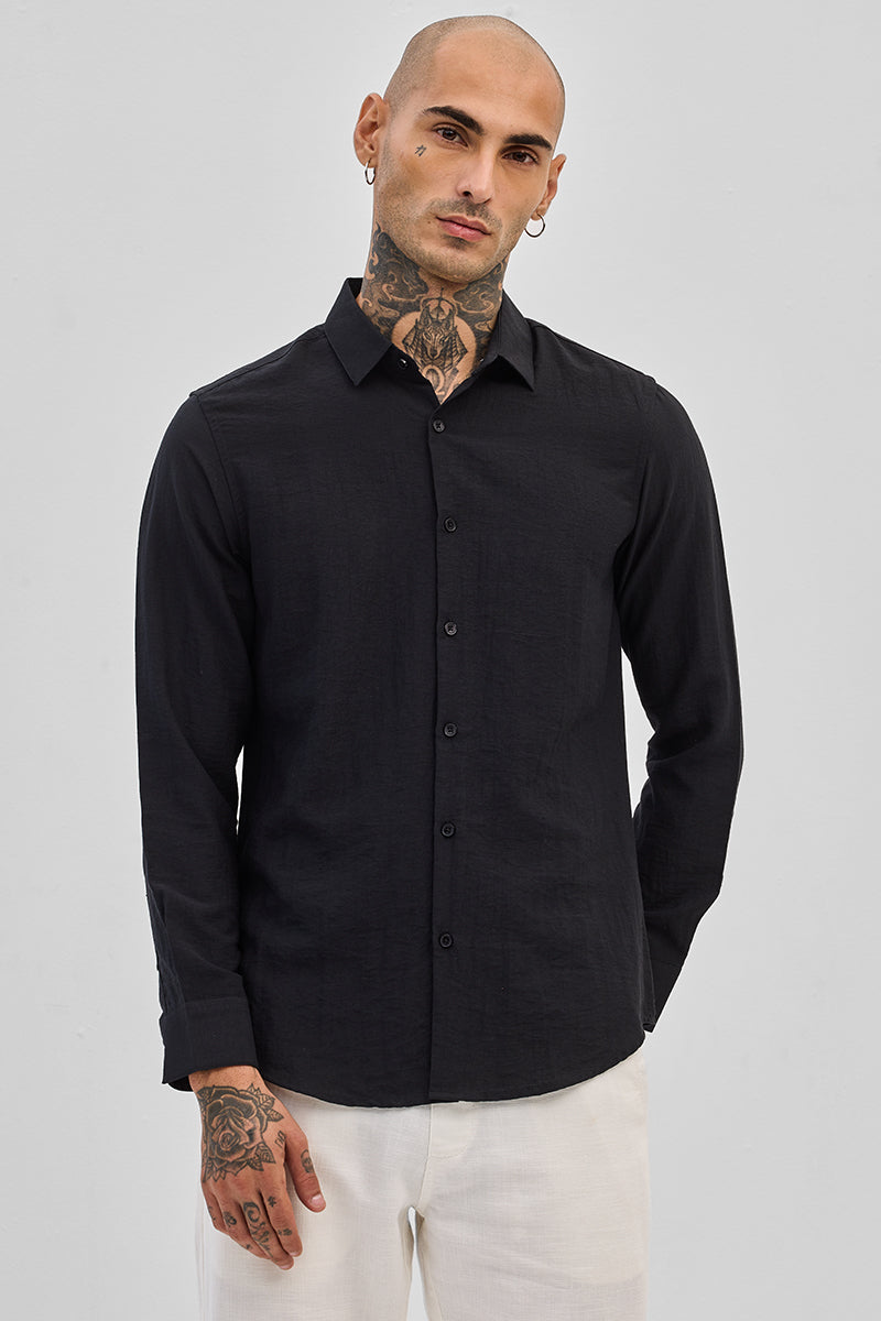 SNITCH Black Slim Fit Linen Shirt - view 6