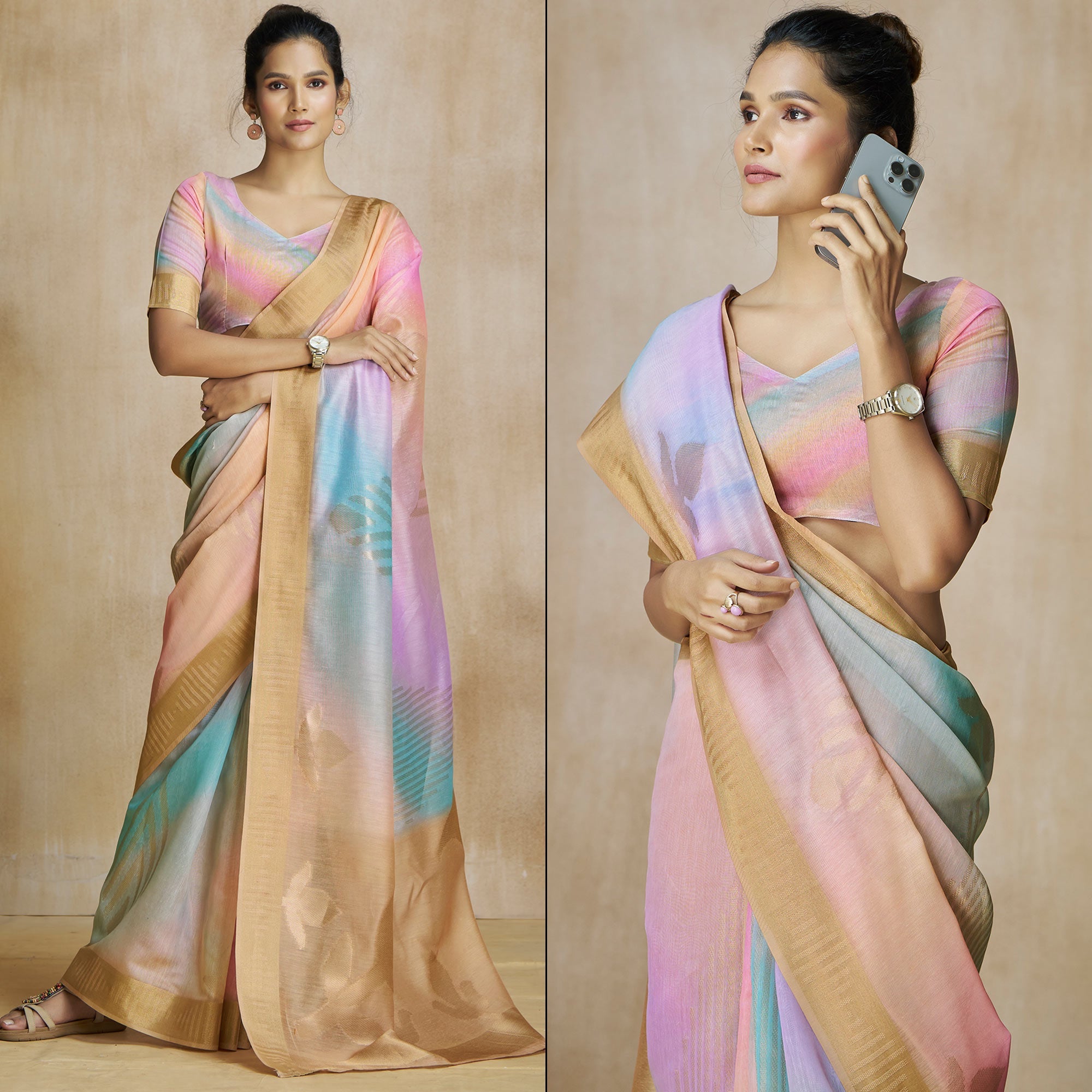 Peachmode Chikoo Digital Printed With Woven Pure Silk Ombre Saree