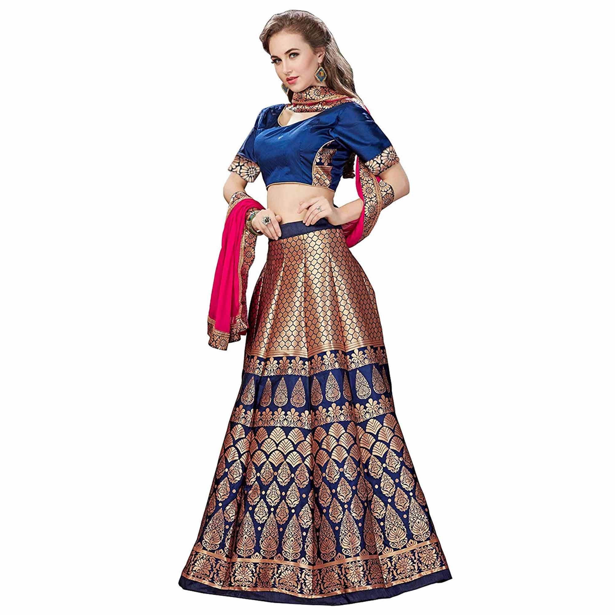 Peachmode Magnetic Blue Colored Partywear Woven Banarasi Silk Jacquard Lehenga Choli - view 2