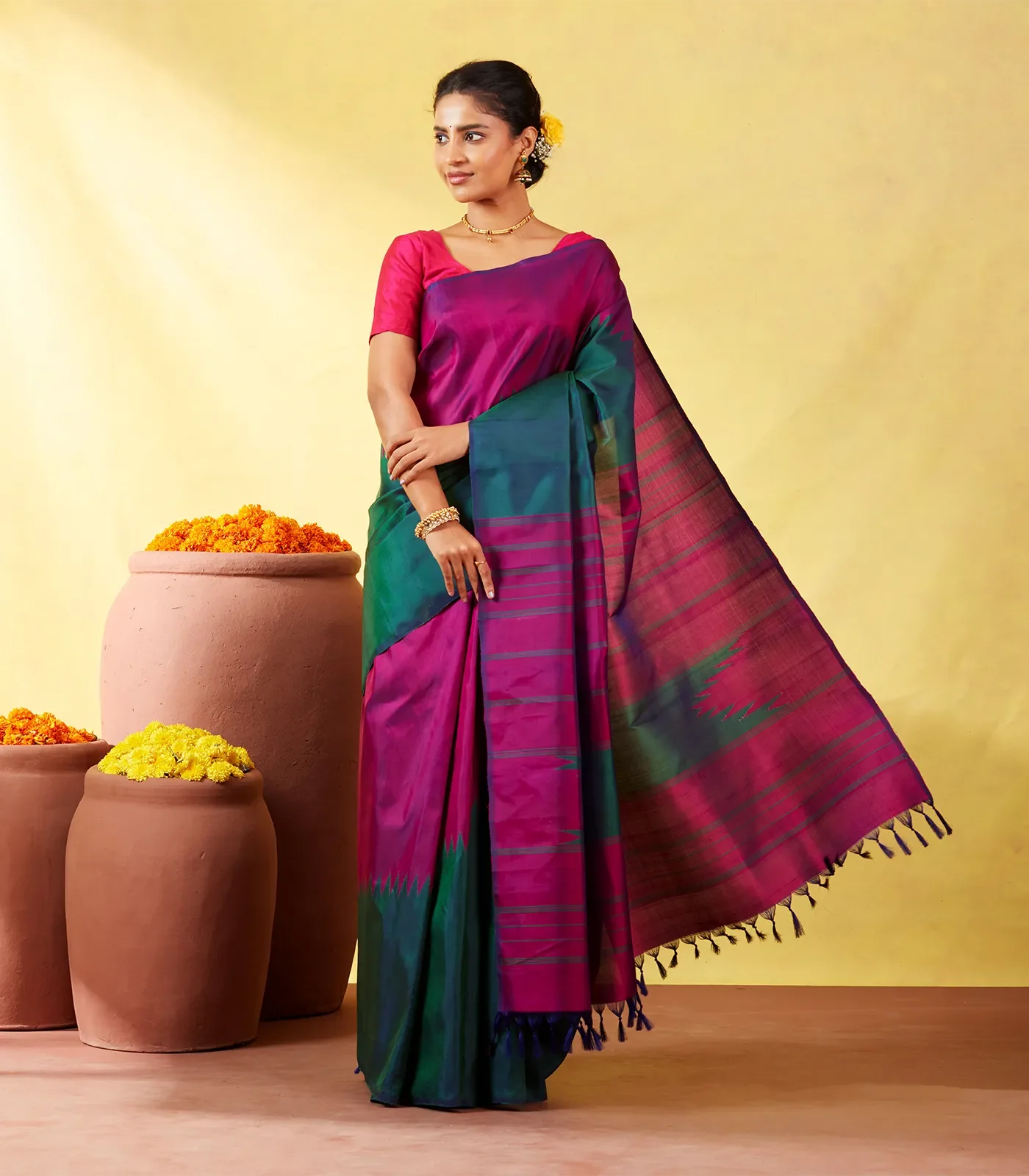 RmKV Silks Teal Handloom Kanchipuram Rising Border Silk Saree