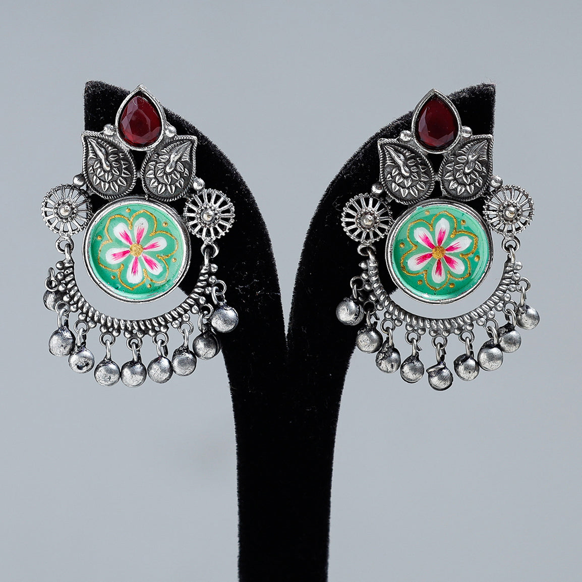 WHITE RIVER STORIES Antique Silver Finish Oxidised Brass Base Enamel & Stone Work Earrings - view 2