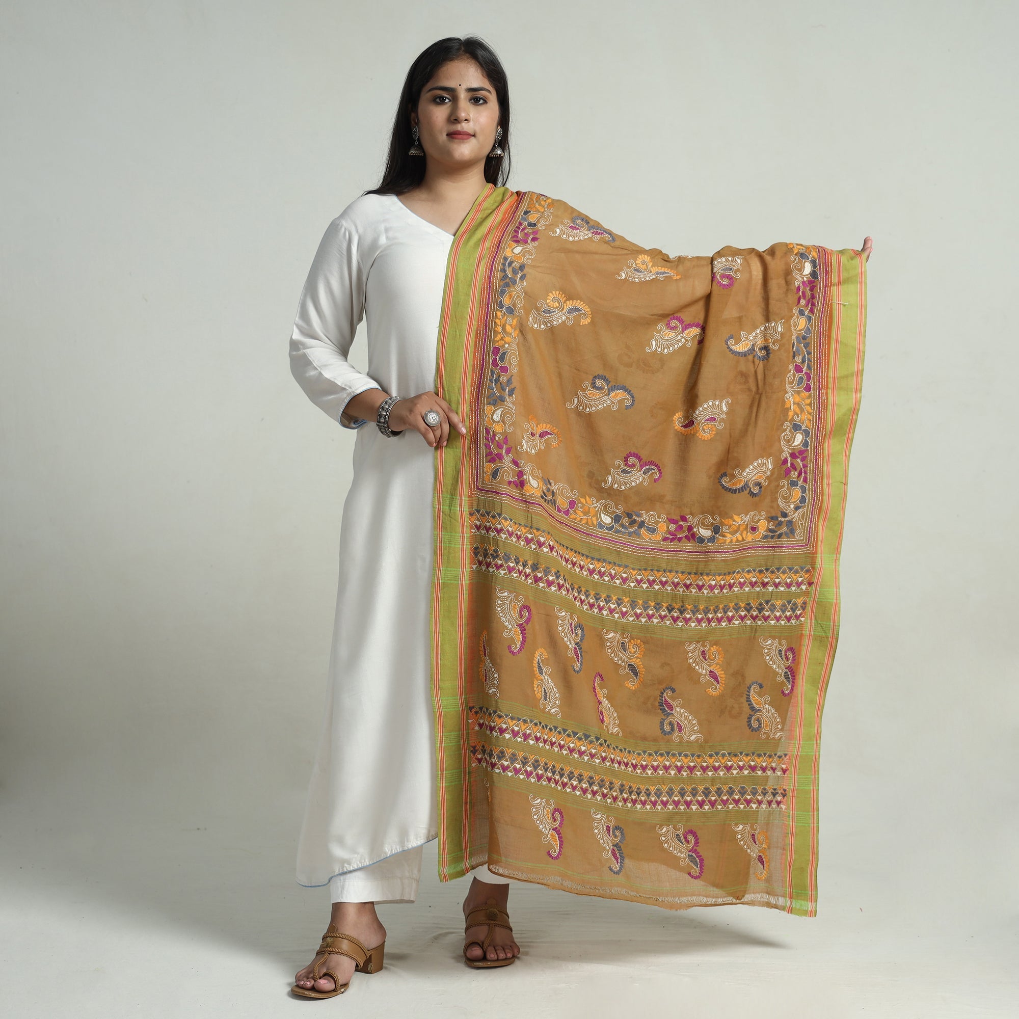 KHUSHBASH - HAPPY LOOM OF EAST Brown - Bengal Kantha Embroidery Cotton Handloom Dupatta 120