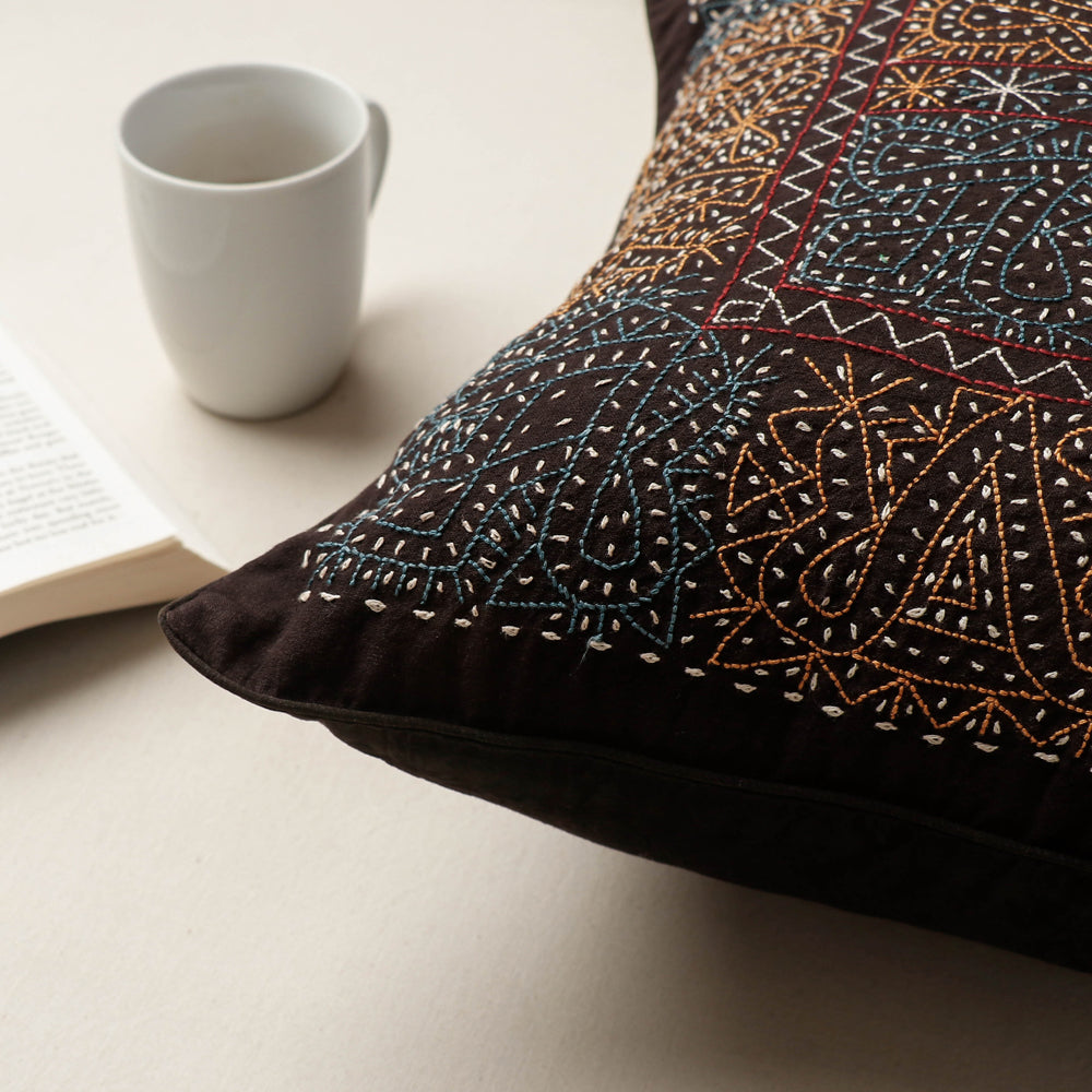 Black - Kala Raksha Rabari Bakhiya Hand Embroidered Pure Cotton Cushion Cover - view 2