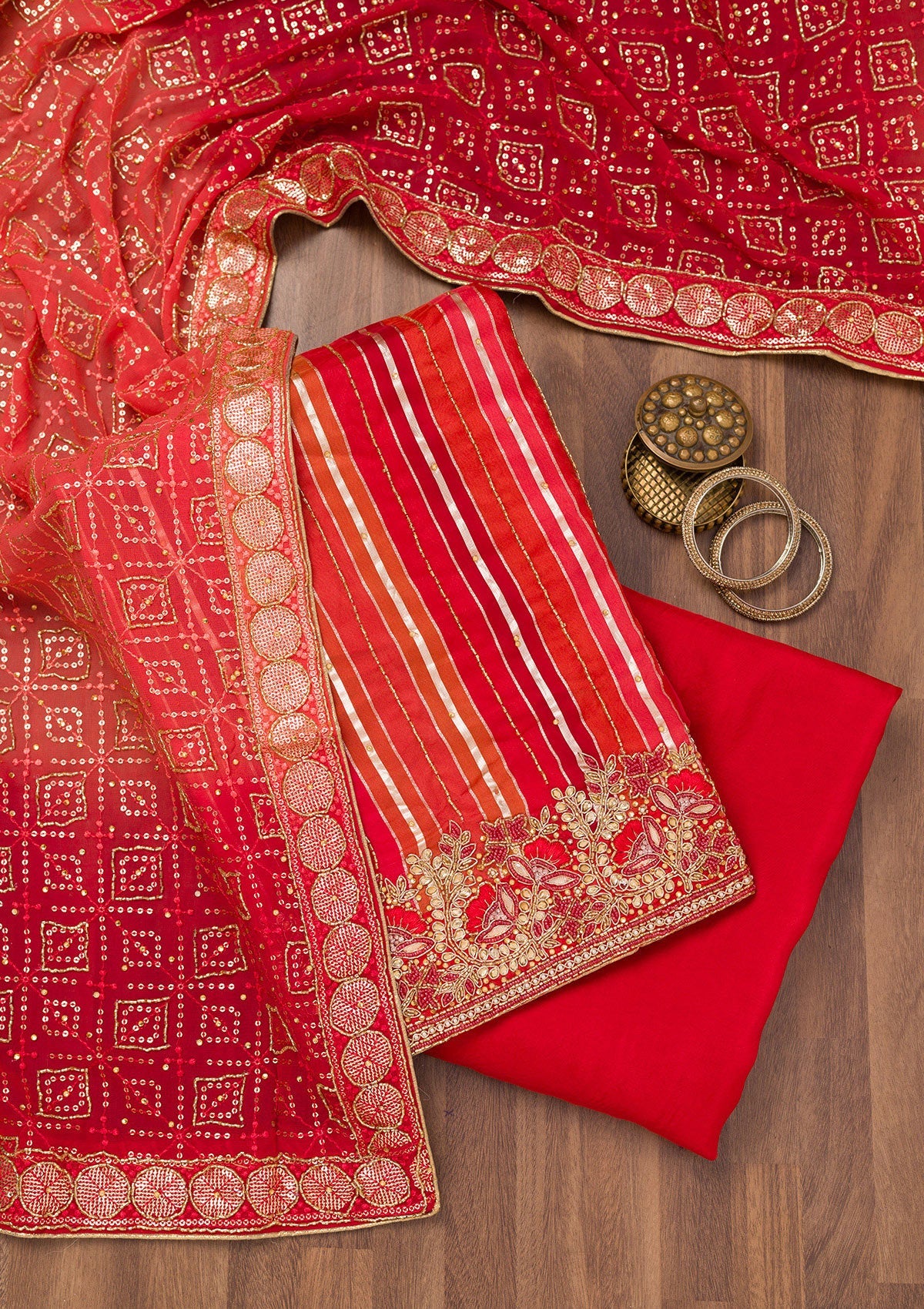 Koskii Red Zariwork Semi Crepe Unstitched Salwar Suit