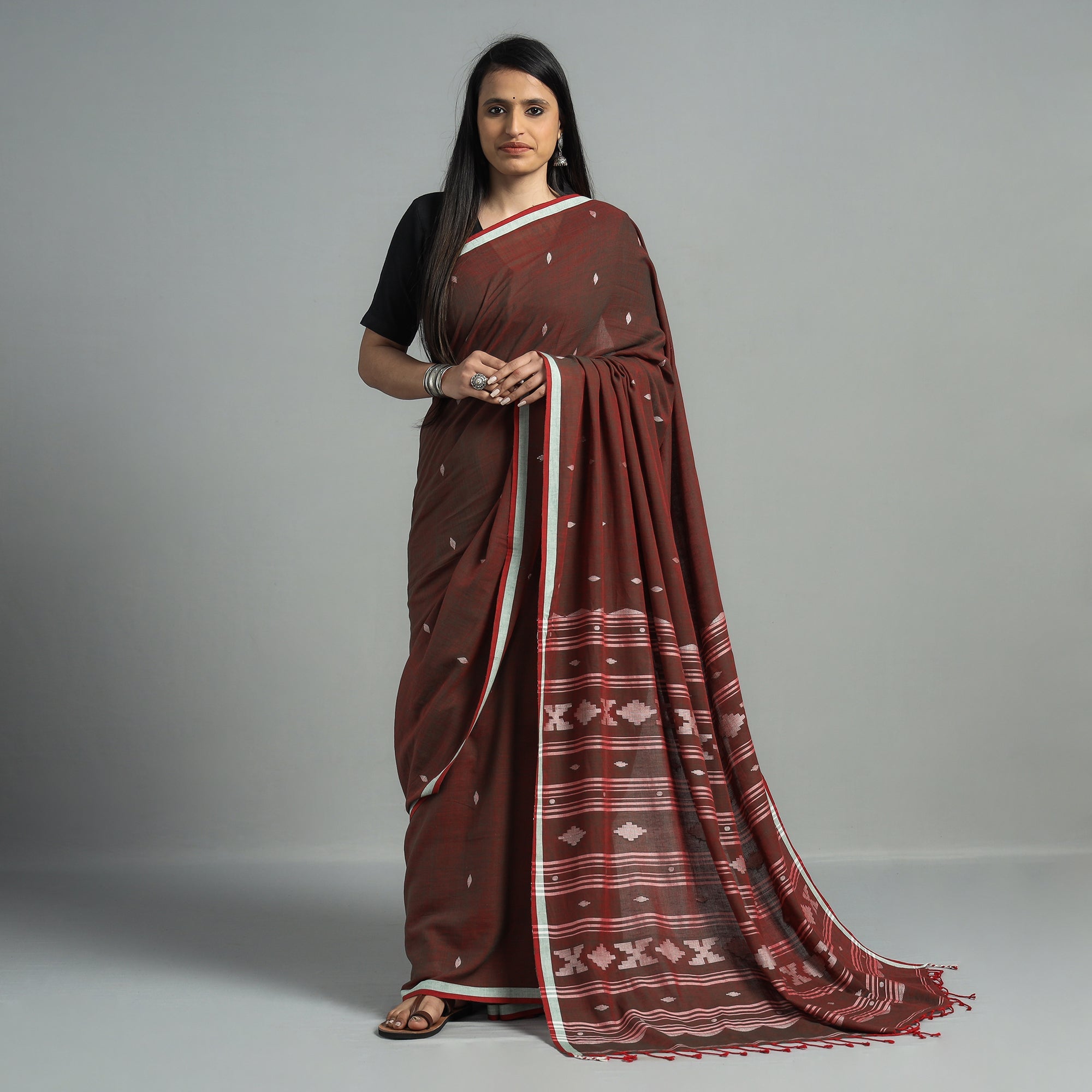 SASHA Brown - Handloom Cotton Phulia Jamdani Saree with Tassels
