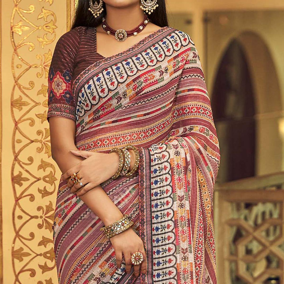 Peachmode Mauve Printed With Embellished Georgette Half and Half Saree - view 3