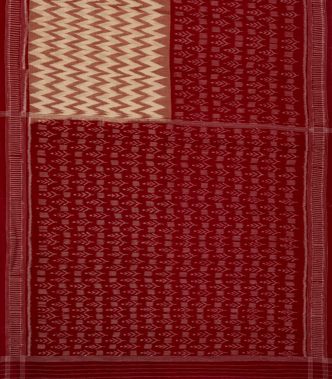 RmKV Crimson & Cream Handloom Orissa Cotton Saree With Tie and dye Chevron ( Vanki ) Motifs - view 5
