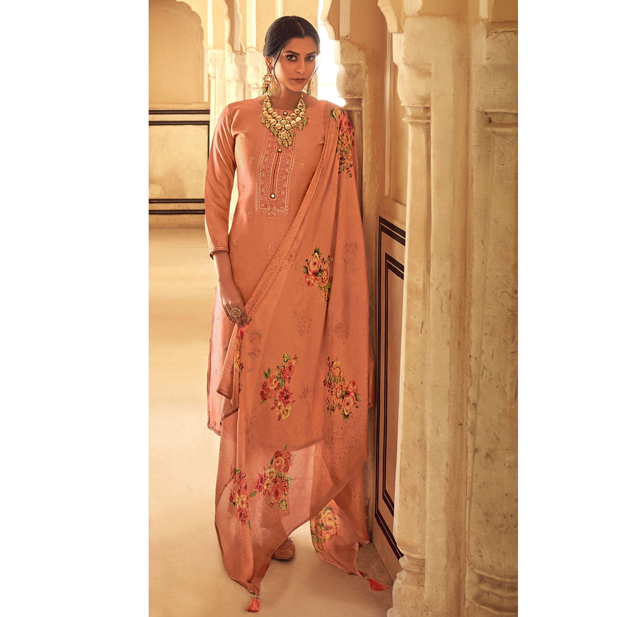 Peachmode Brown Partywear Embroidered Cotton Silk Suit - view 3