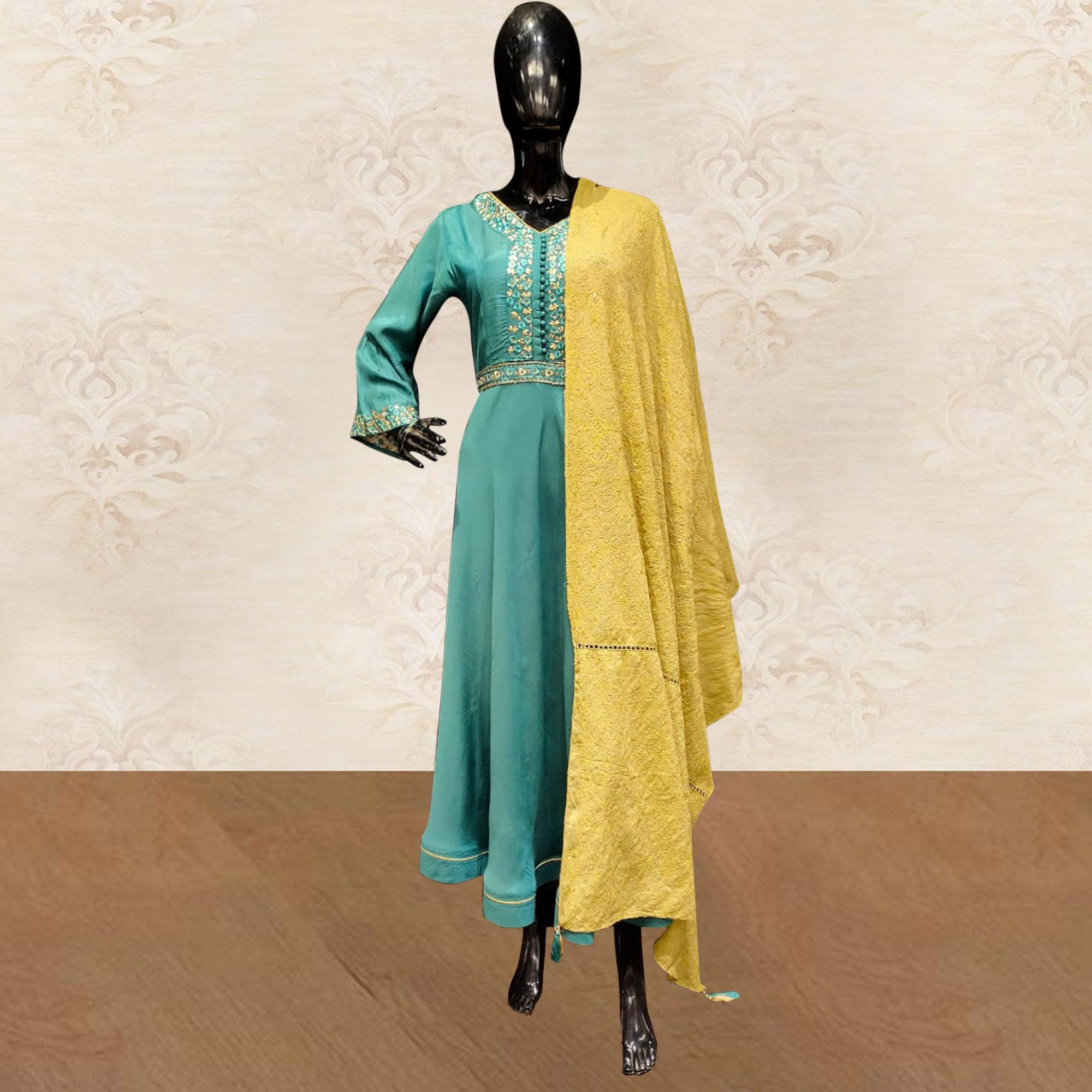 Peachmode Classy Teal Blue Colored Partywear Embroidered Tapetta Silk Kurti With Dupatta