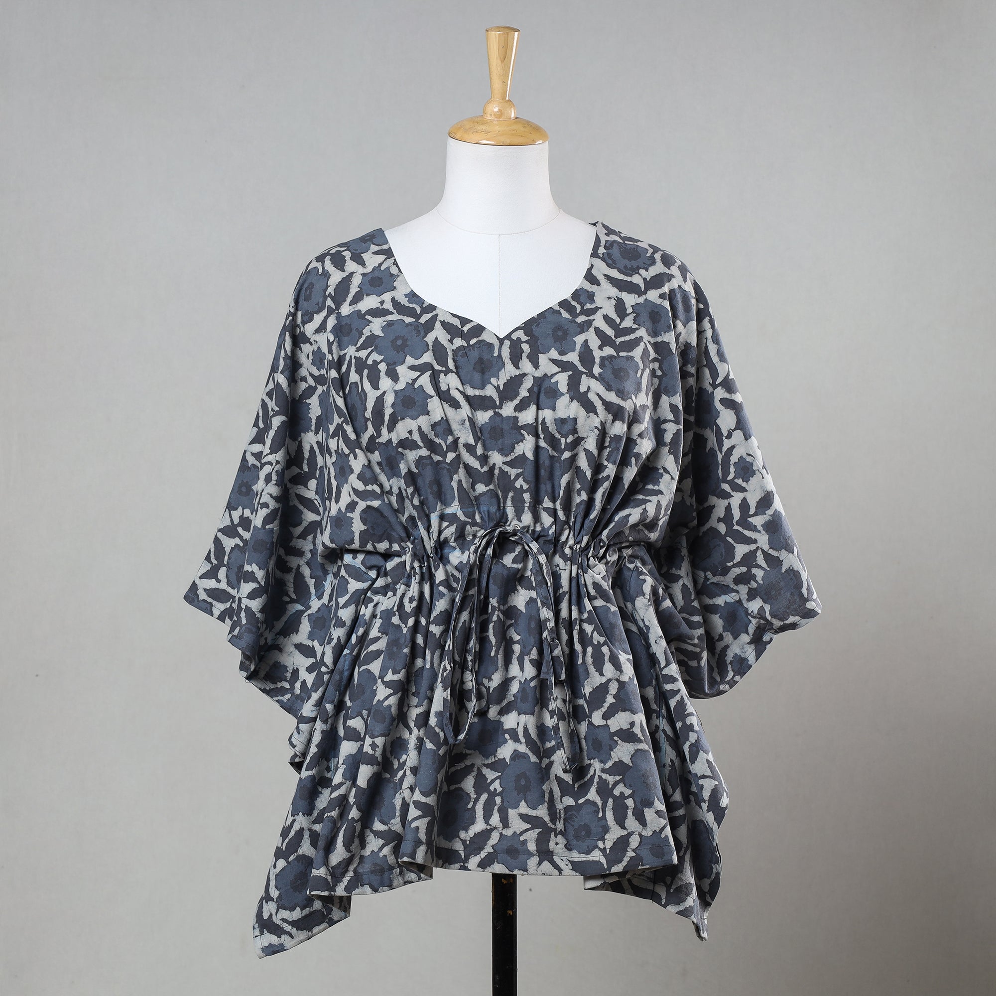 ITOKRI CASUALS Blue - Bagru Block Printed Cotton Kaftan with Tie-Up Waist (Short)
