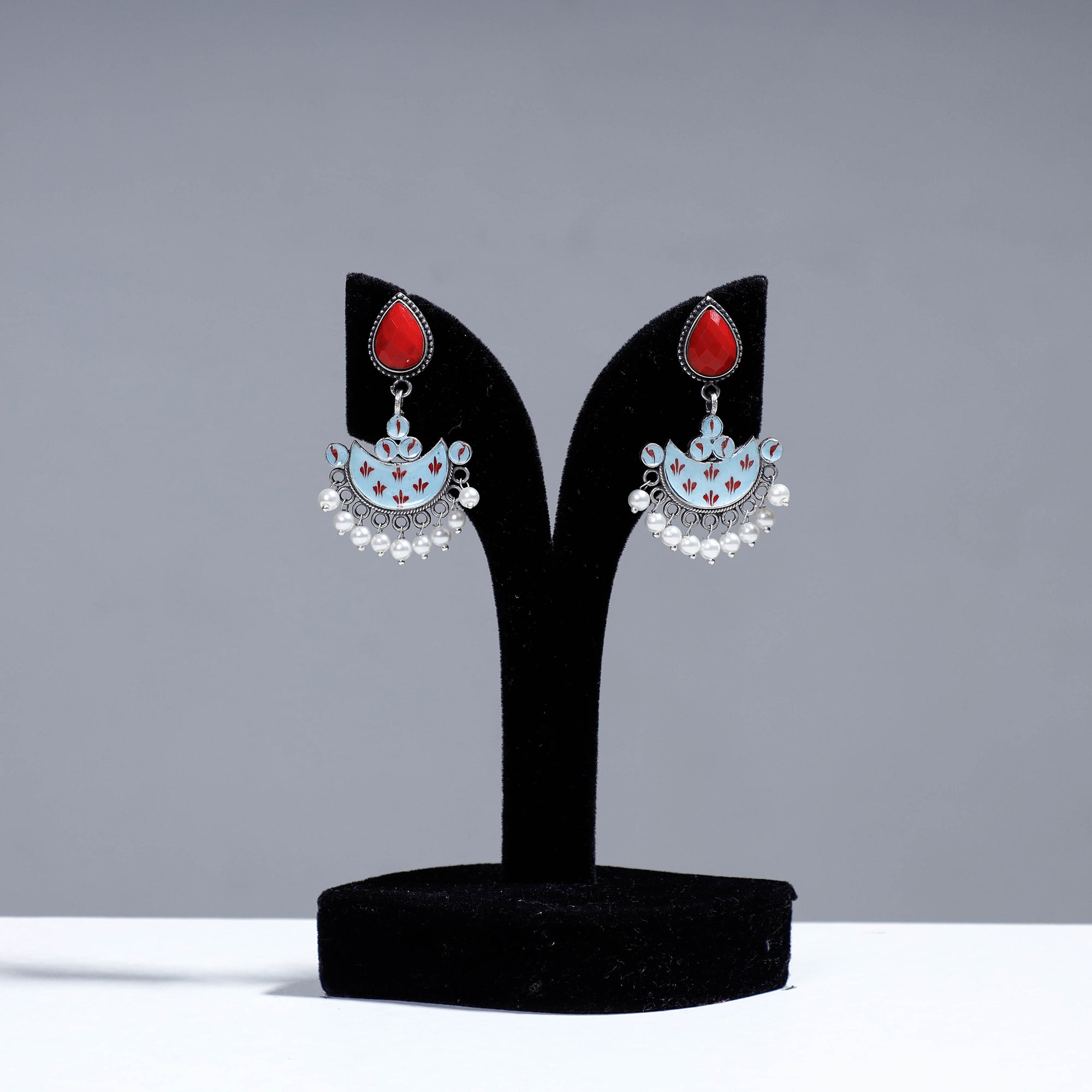 WHITE RIVER STORIES Antique Silver Finish Oxidised Brass Base Enamel & Stone Work Earrings