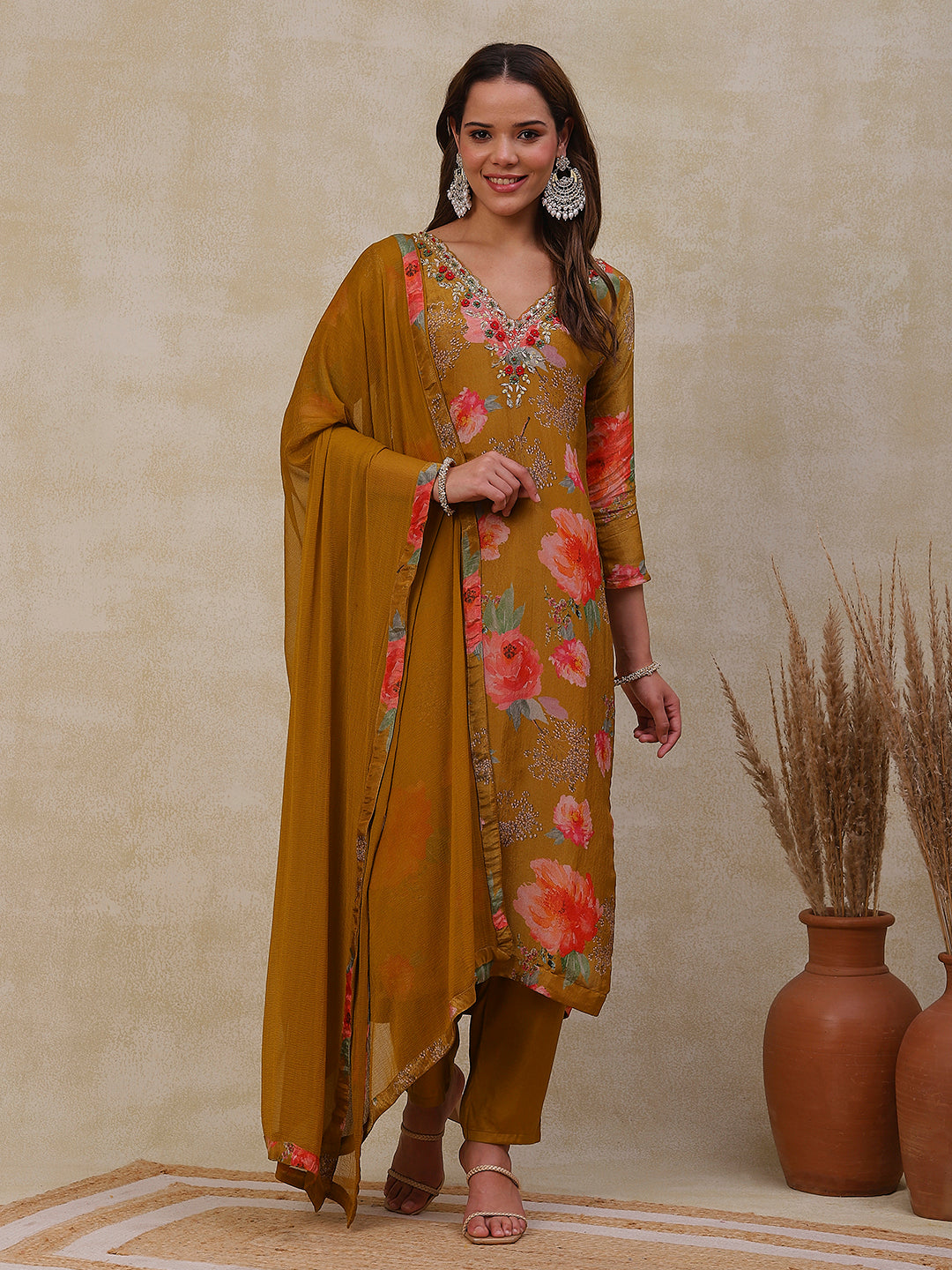 Fashor Floral Printed Zardozi Embroidered shimmer Kurta with Pants & Dupatta - Mustard