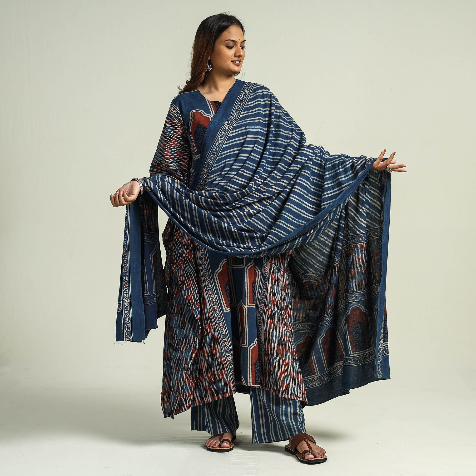 ITOKRI CASUALS Blue - Ajrakh Block Printed Cotton Kaftan with Palazzo & Dupatta Set - view 2