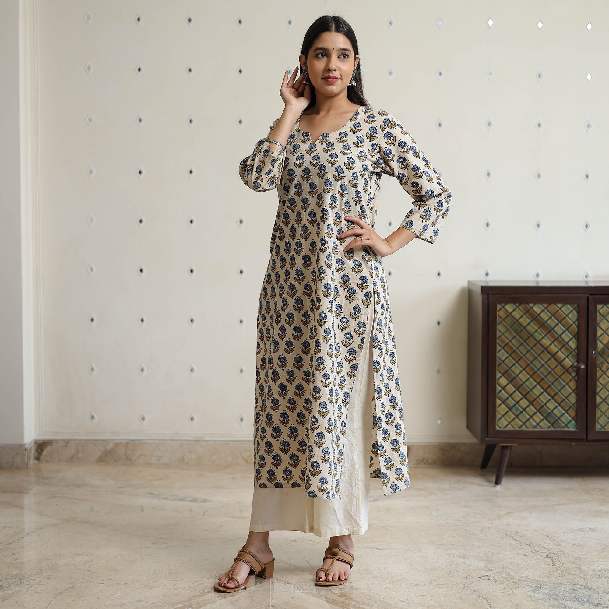 ITOKRI CASUALS Beige - Ajrakh Block Printed Cotton Long Straight Kurta 45 - view 2