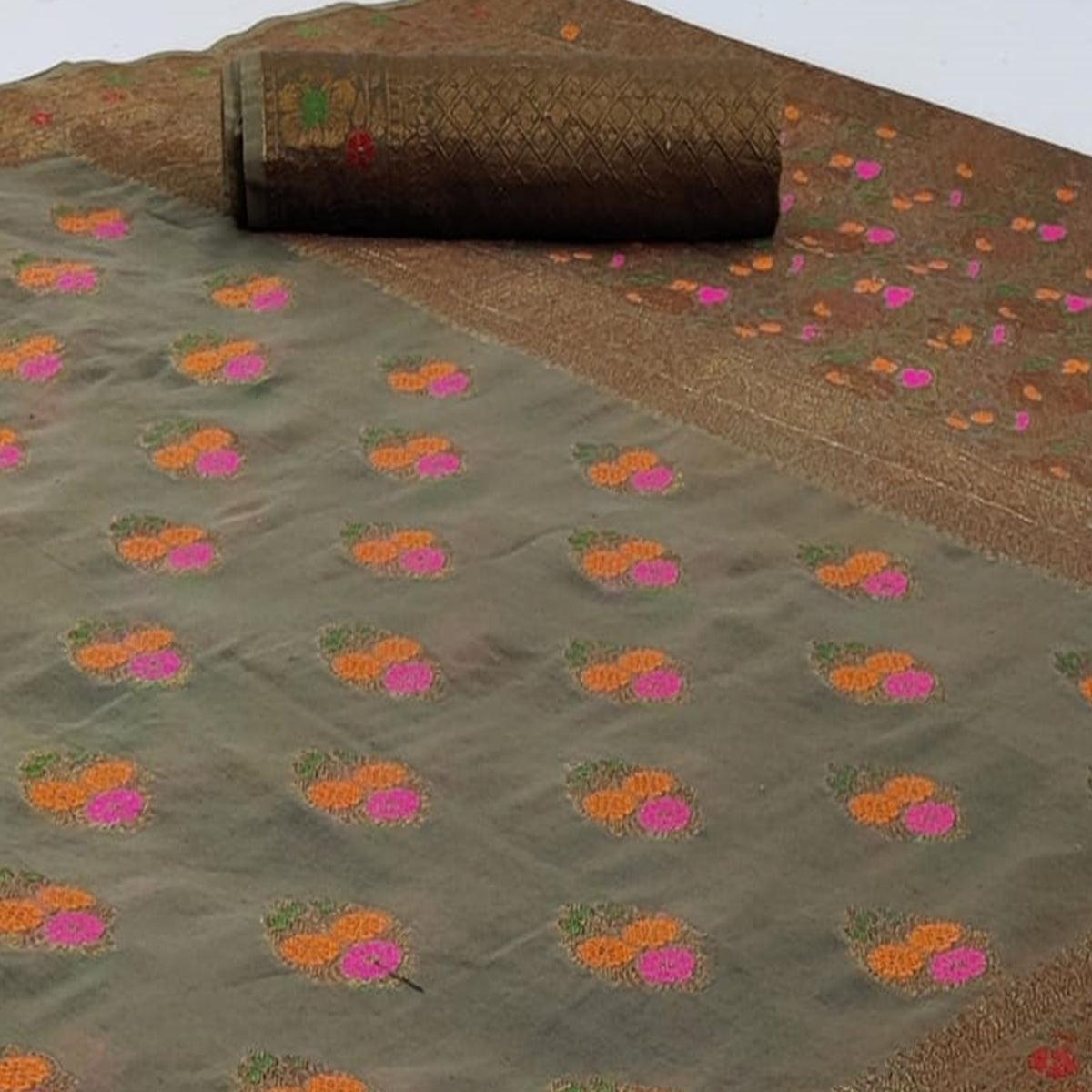Peachmode Energetic Dark Grey Colored Festive Wear Woven Cotton Saree - view 2