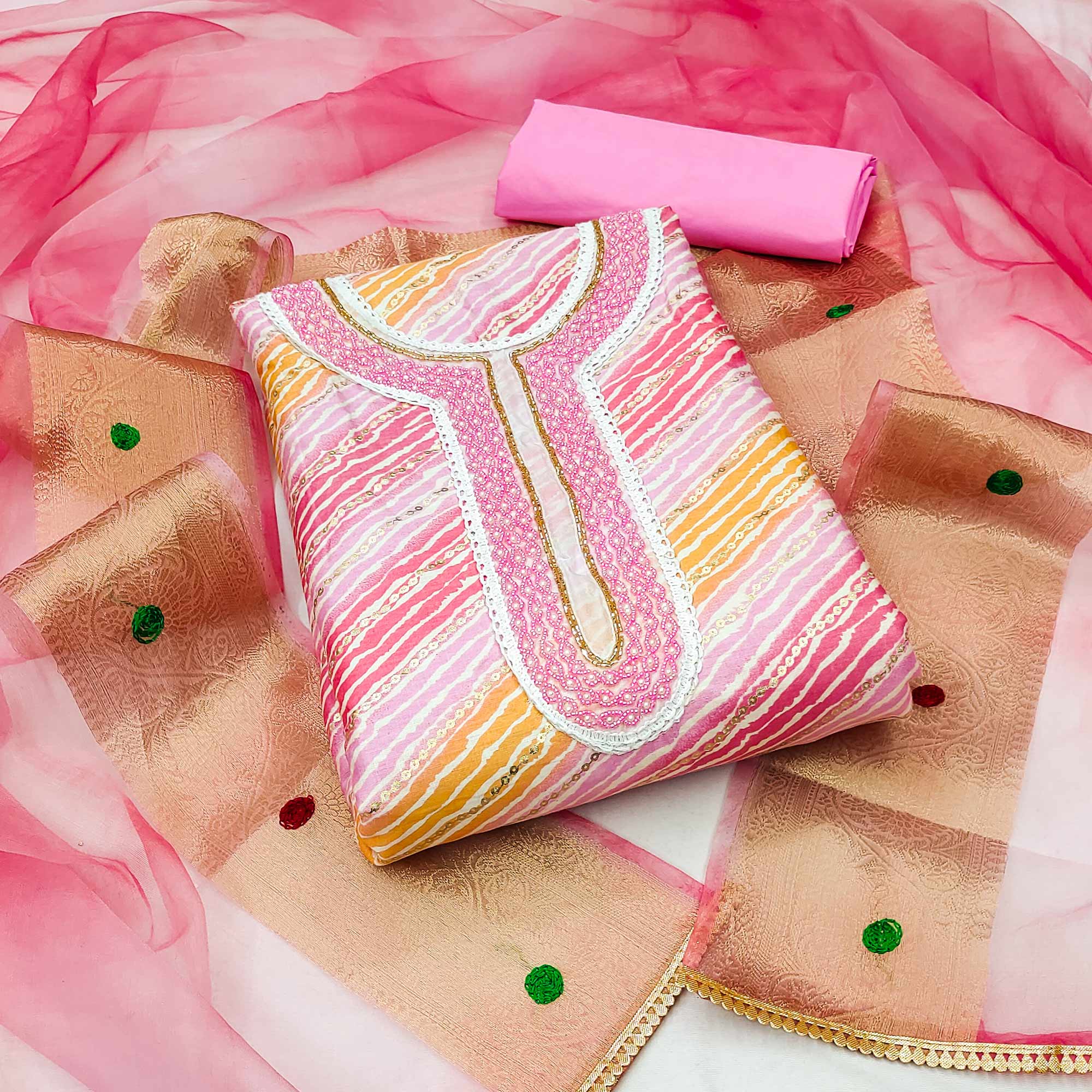 Peachmode Light Pink Printed With Handwork Pure Cotton Dress Material