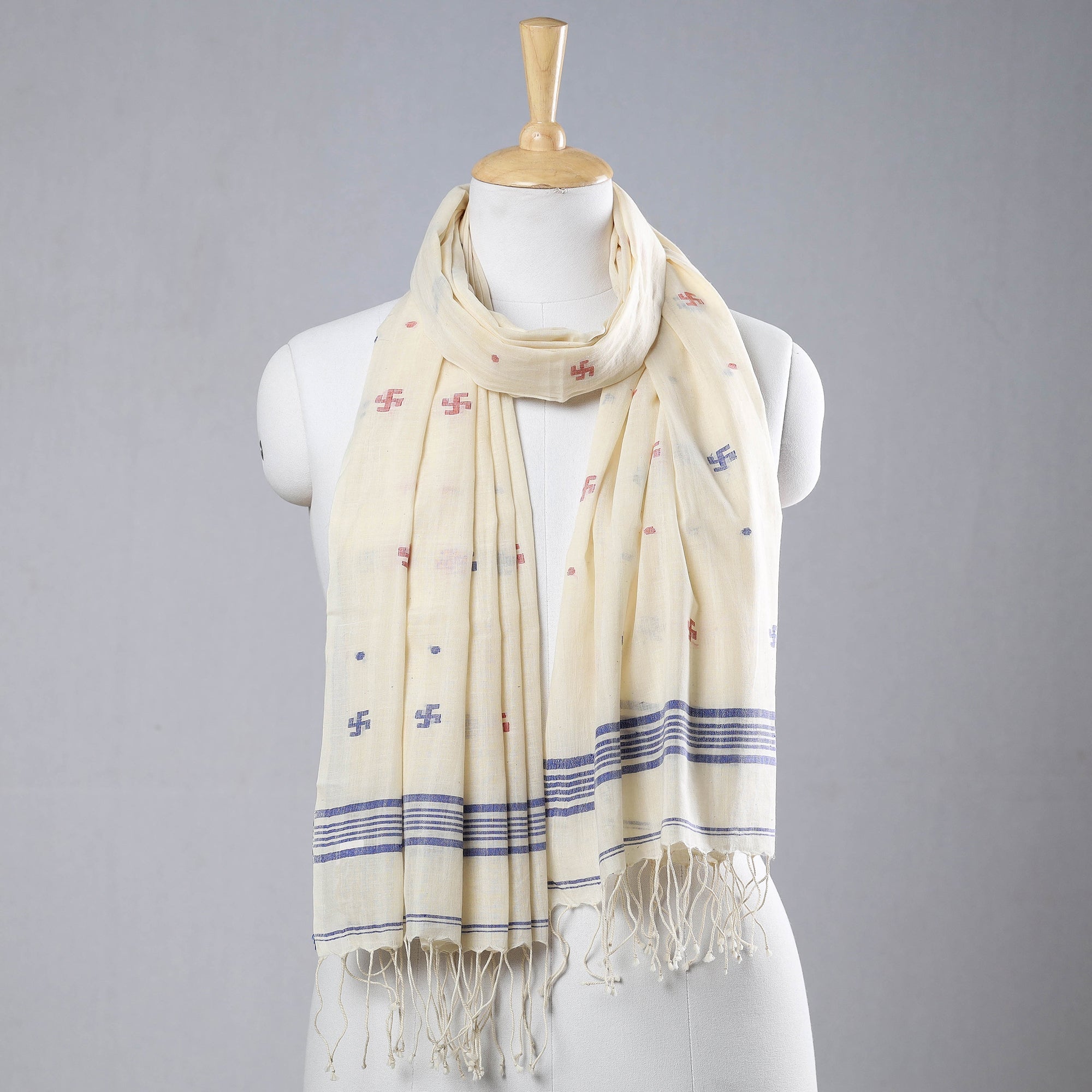 PARAMPARIK KARIGAR EXHIBITION ARTISANS Beige - Authentic Dhakai Muslin Jamdani Handwoven Pure Cotton Stole with Tassels
