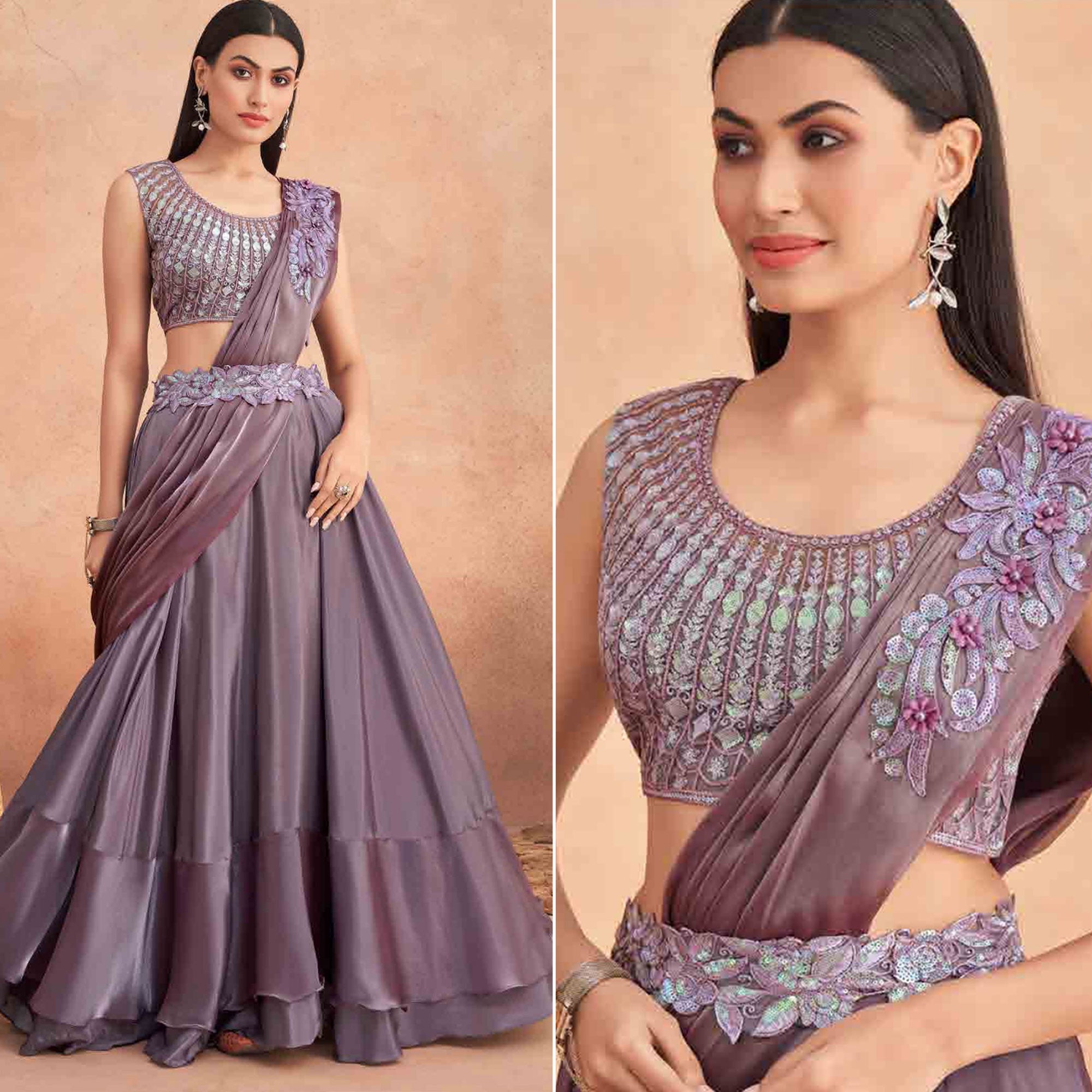 Peachmode Seller Mauve Sequins Embroidered Ready to Wear Art Silk Saree