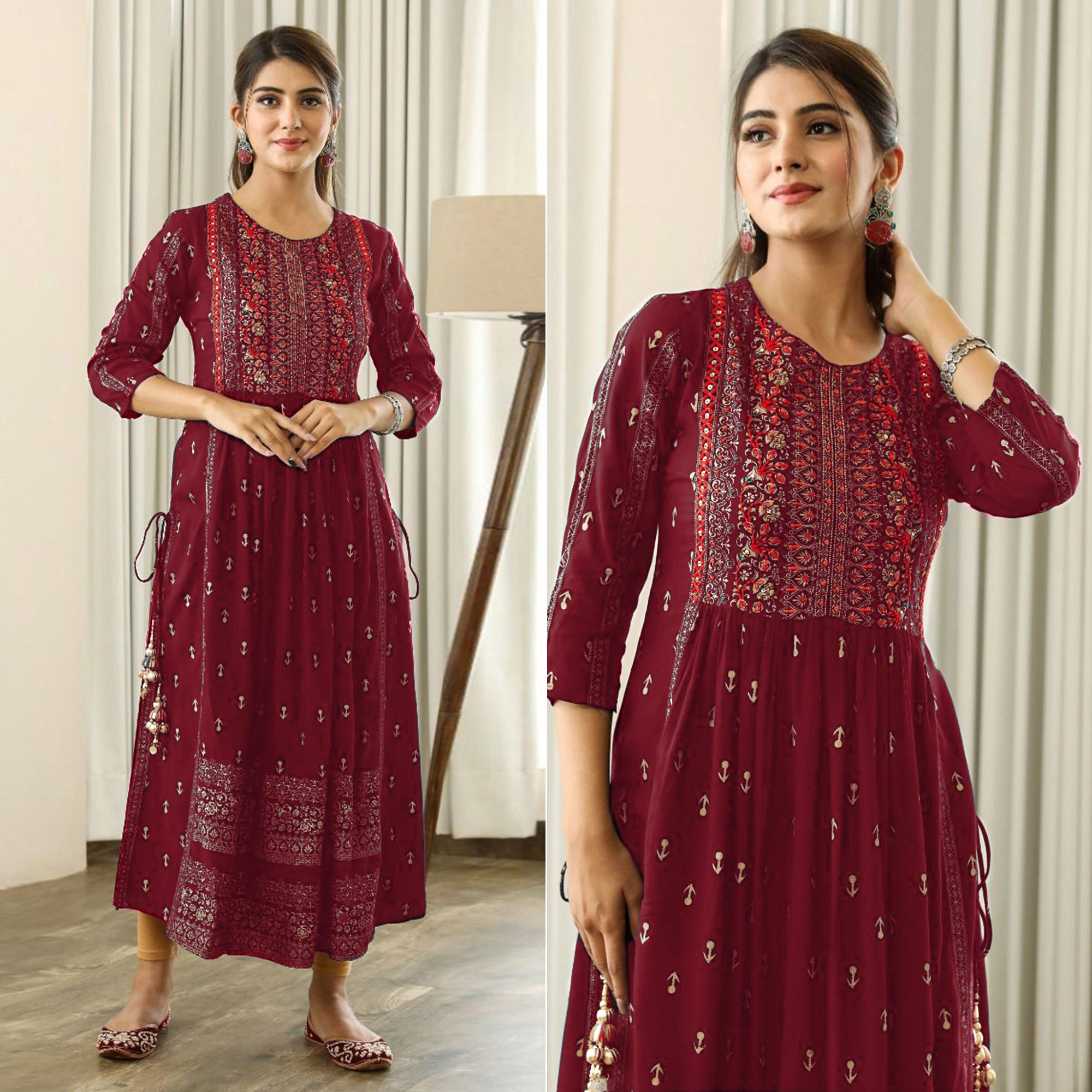 Peachmode Maroon Printed With Embroidered Rayon Naira Cut Kurti