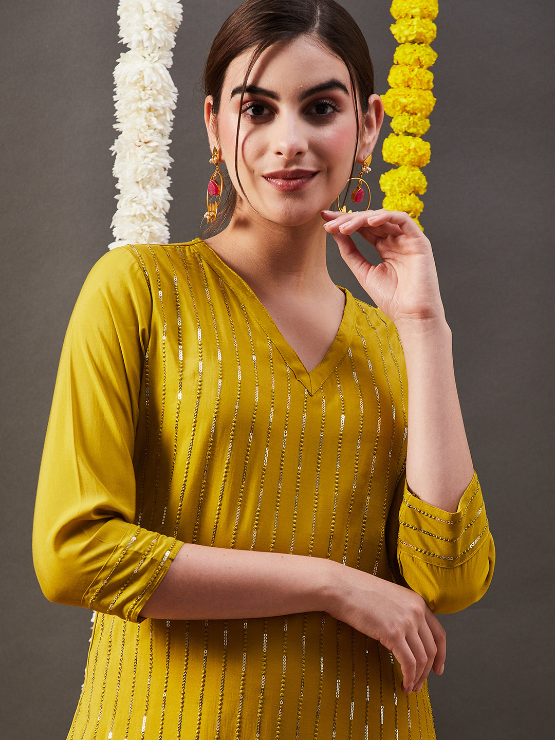 Fashor Solid Sequin Embroidered Straight Fit Kurta with Pant - Mustard