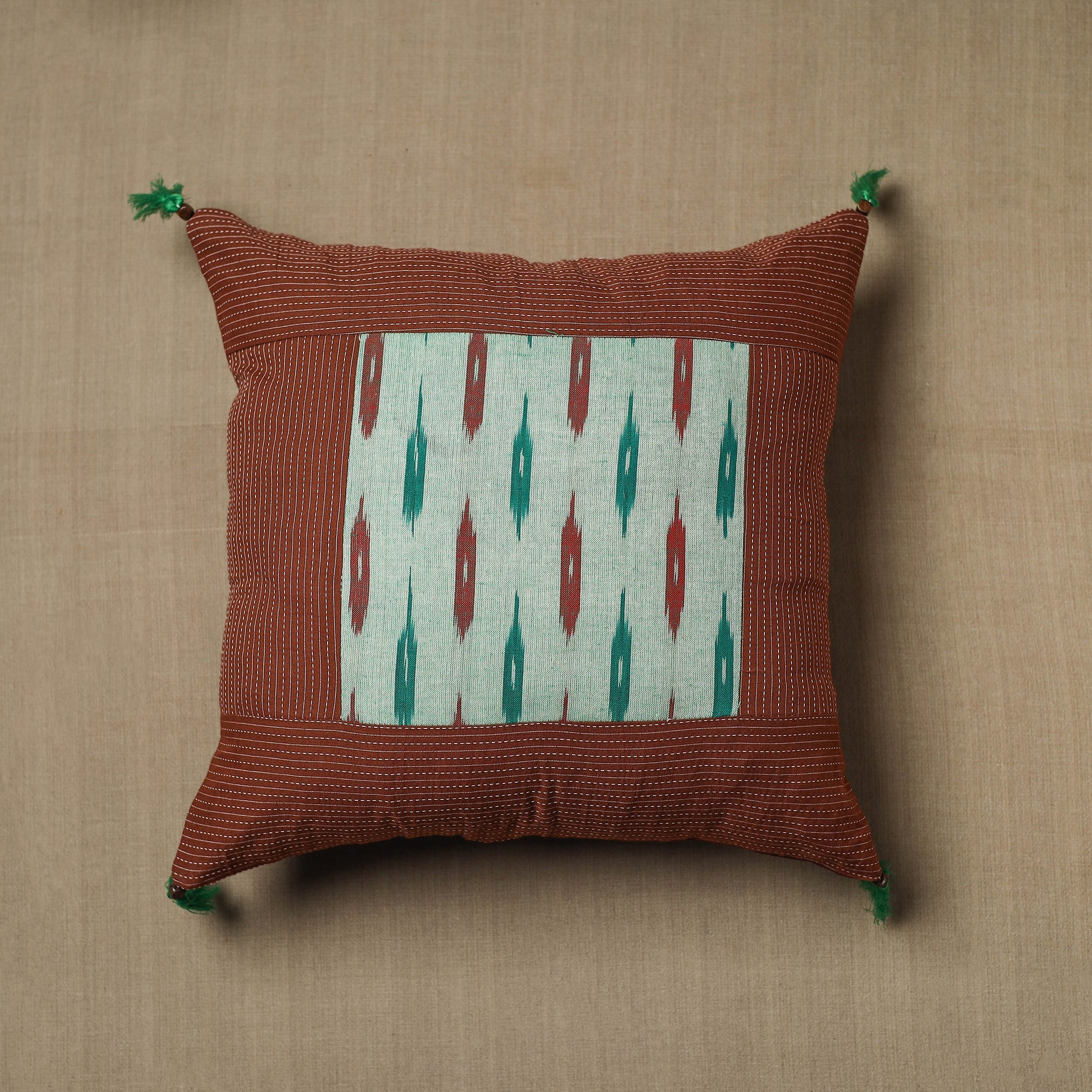 NOORI BAZAR Brown - Kantha Stitch Ikat Cotton Cushion Cover (16 x 16 in) 16