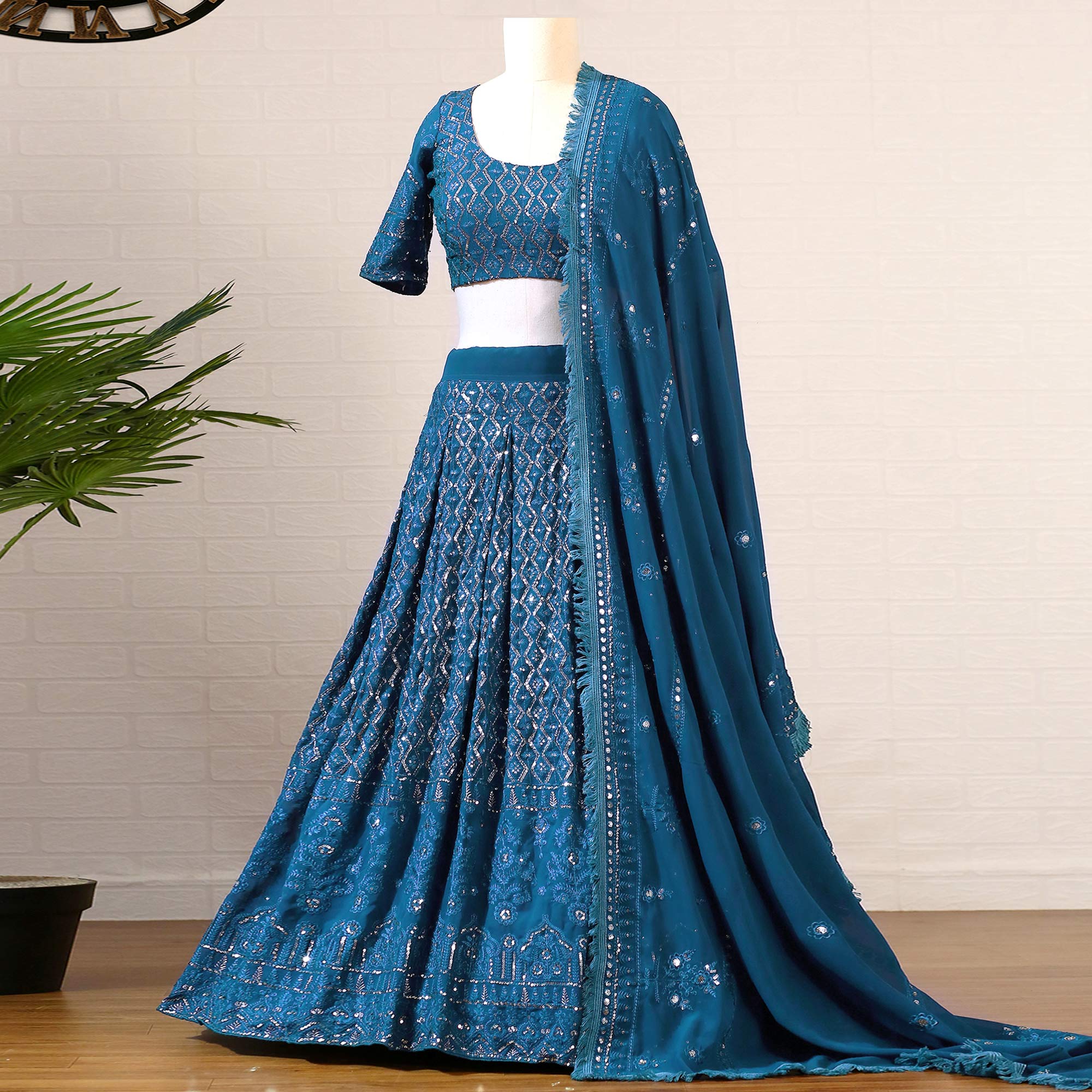 Peachmode Morpich Sequins Embroidered Georgette Lehenga Choli