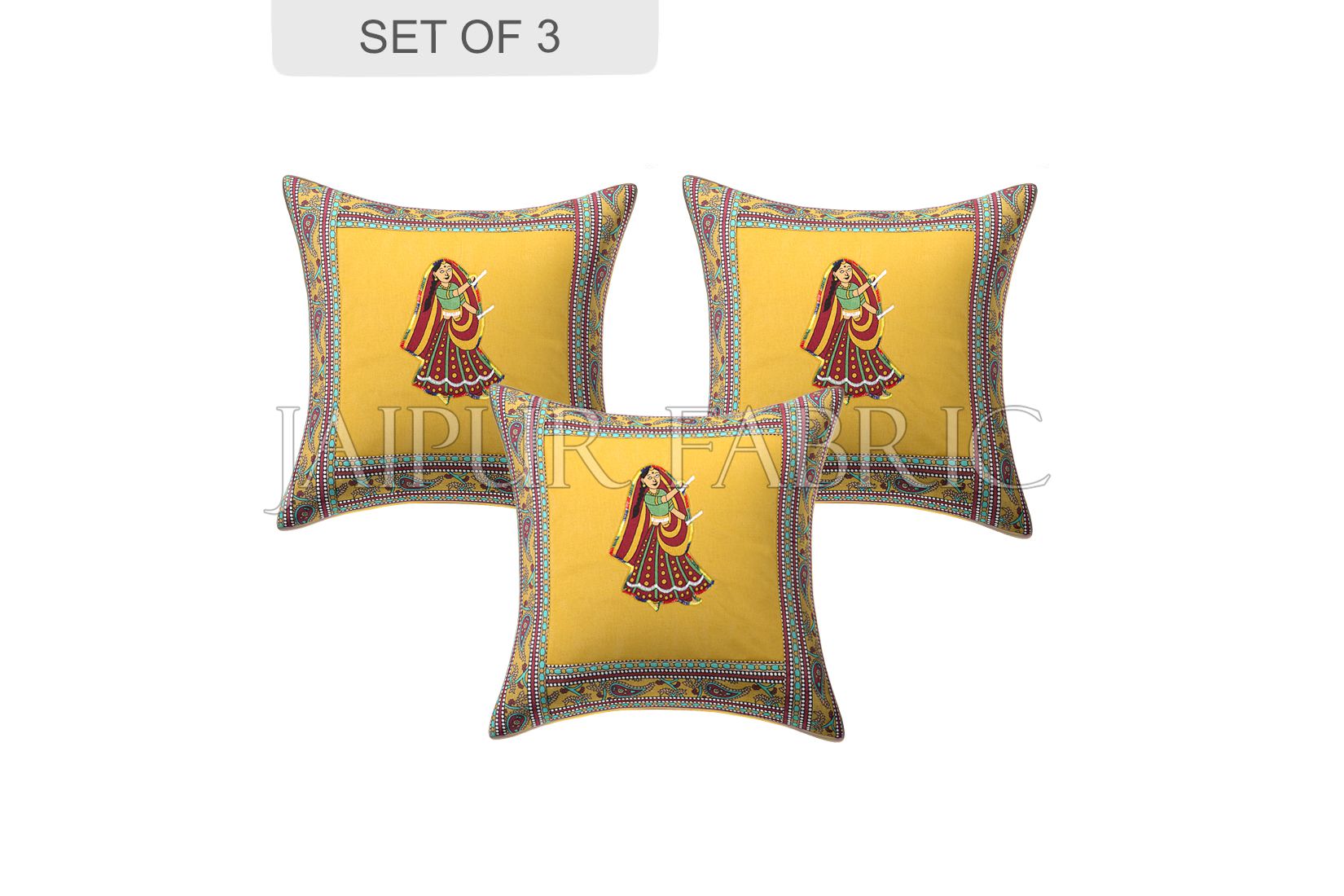 JaipurFabric® New Mustard Dance Design Patchwork & Applique Cushion Cover - view 2