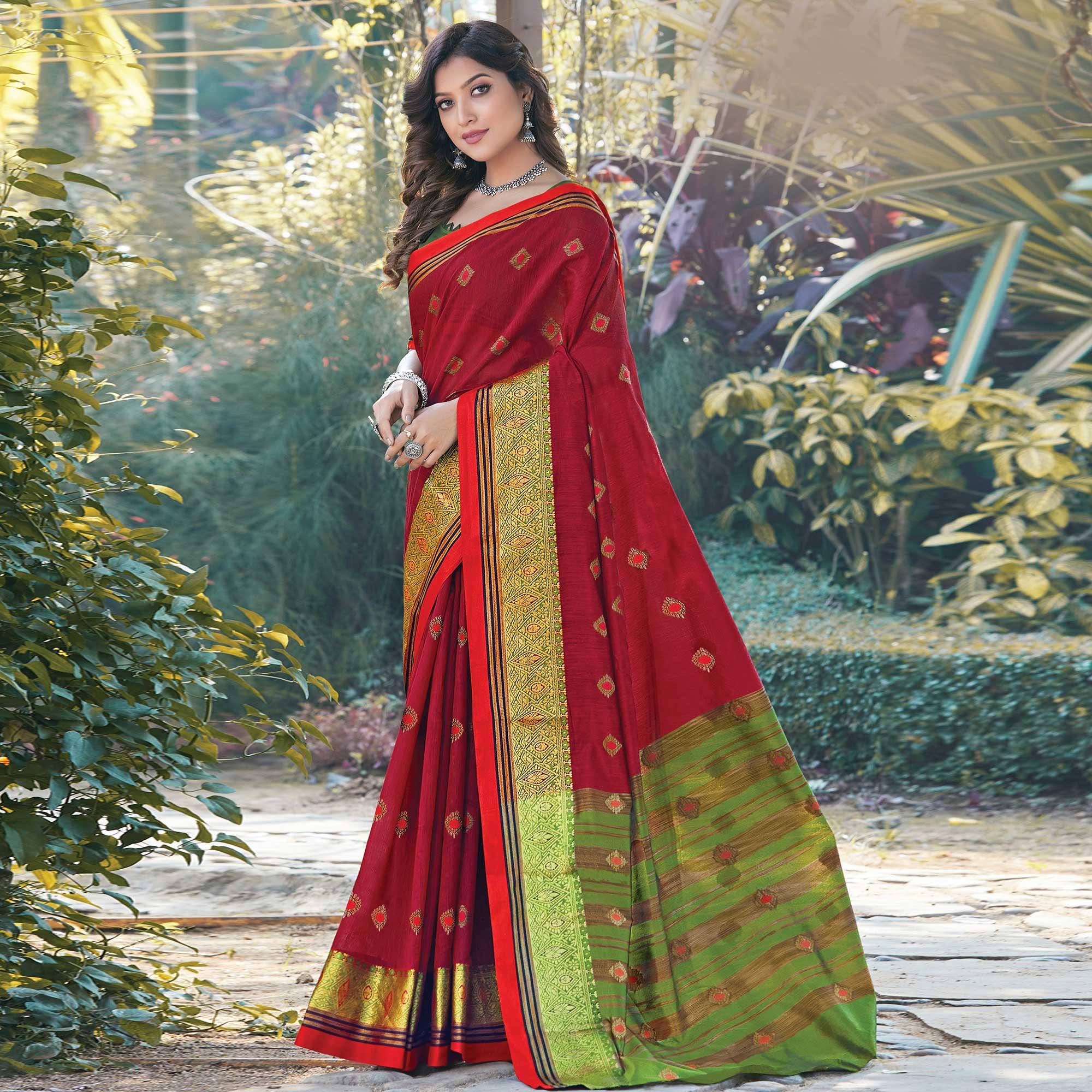 Peachmode Charming Red Colored Festive Wear Woven Cotton Saree