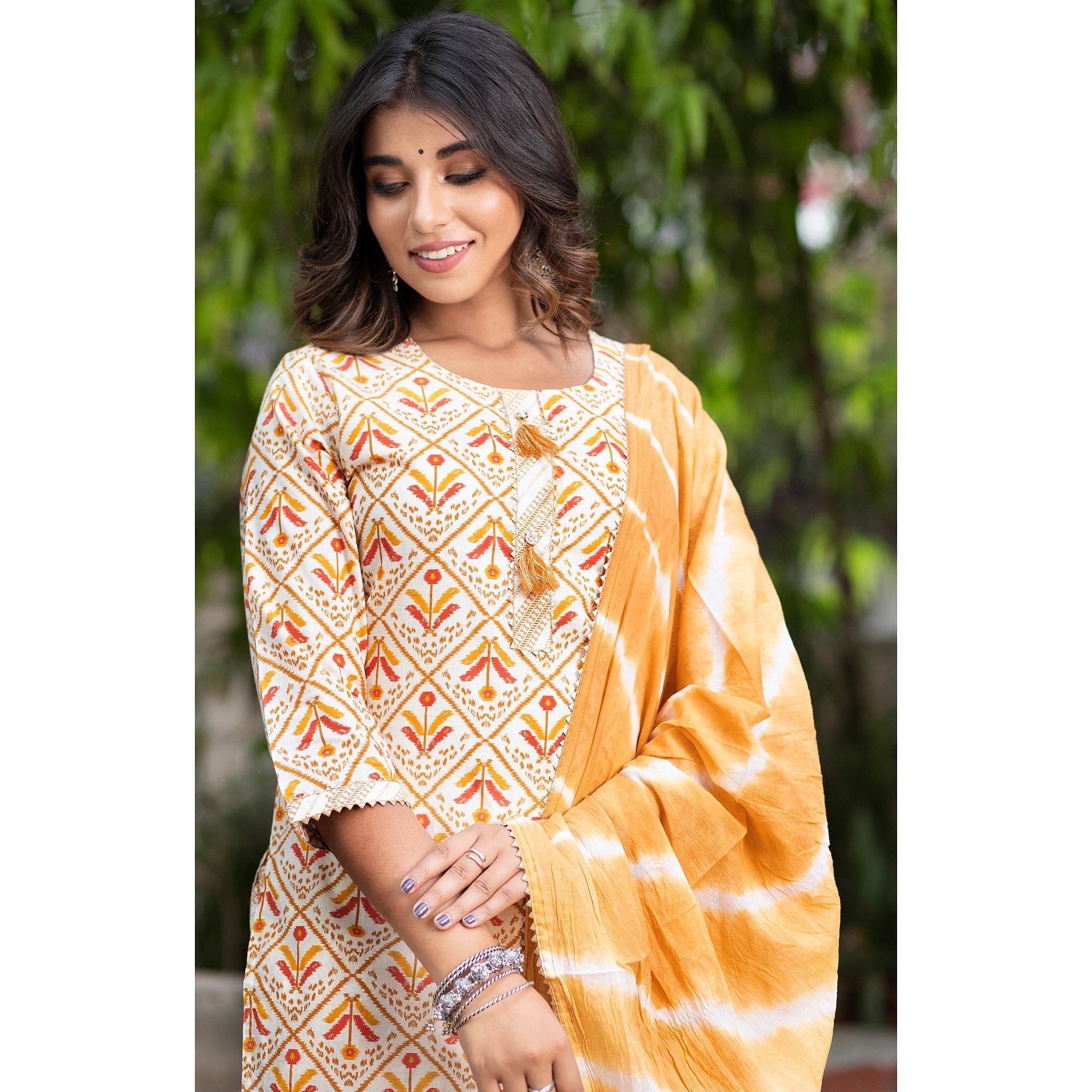 Peachmode Cream Floral Printed Pure Cotton Kurti Pant Set With Dupatta - view 10