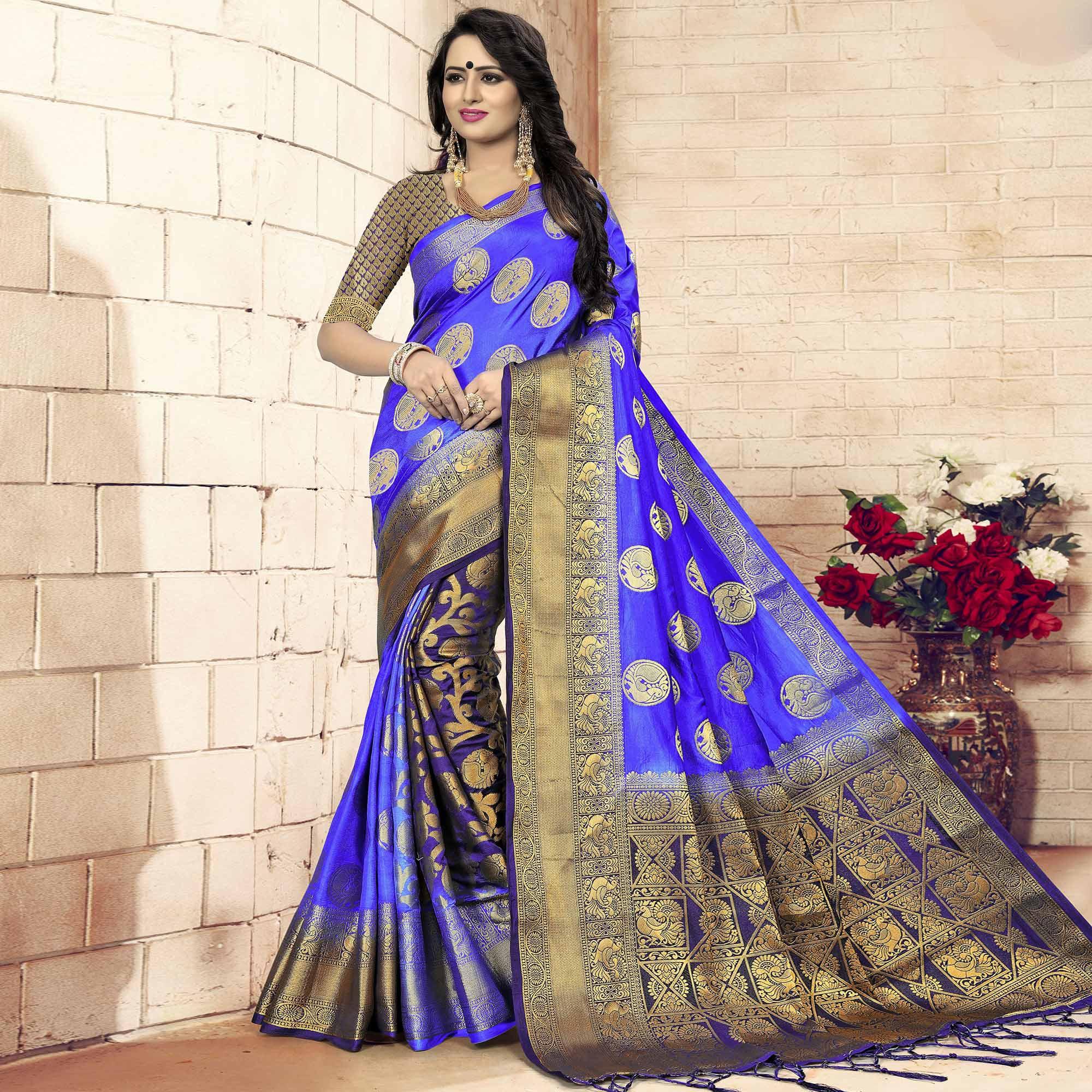 Peachmode Gleaming Blue - Violet Colored Festive Wear Woven Art Silk Saree