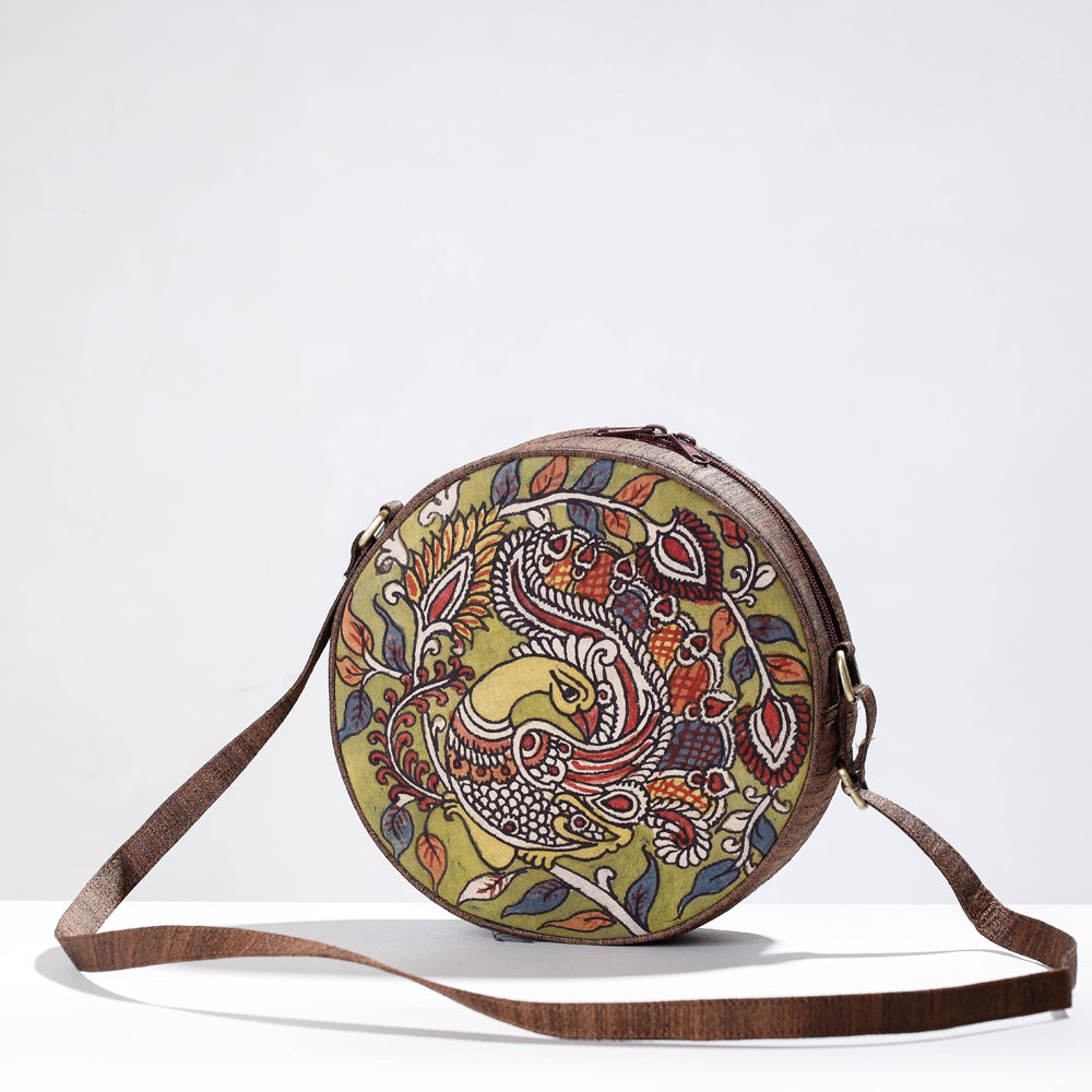 DWARAKA PLUS Brown - Round Sling Bag - Handpainted Kalamkari Natural Dyed Ghicha Silk