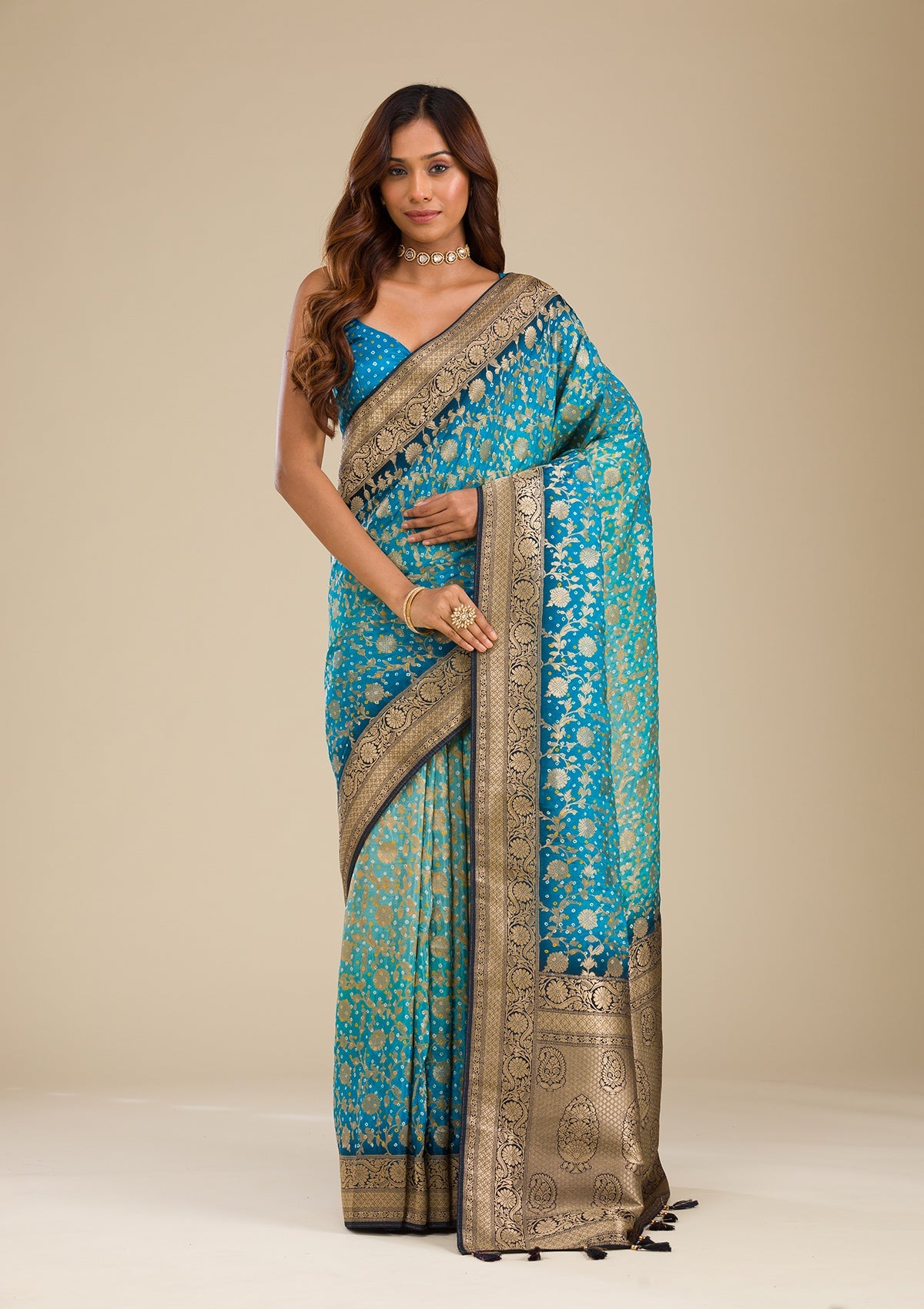 Koskii Turquoise Blue Zariwork Georgette Saree