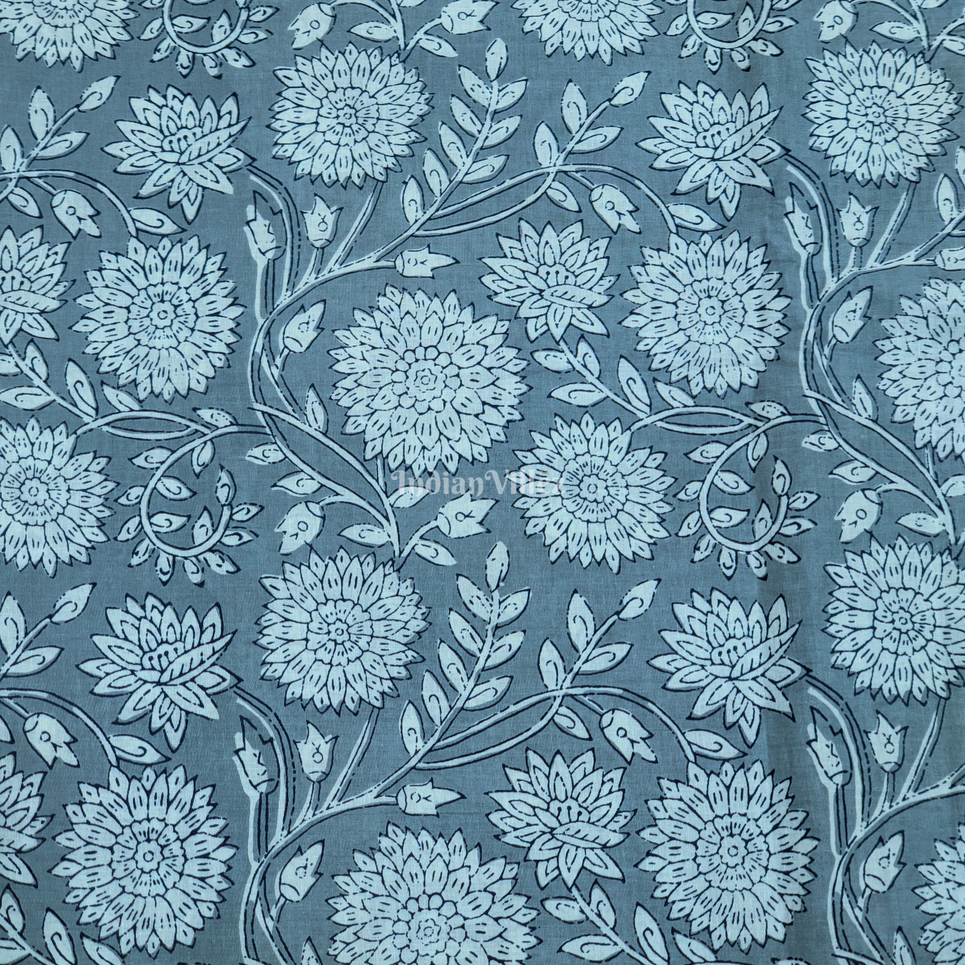 IndianVillèz Gray Floral Hand Block Printed Cotton Fabric - view 2