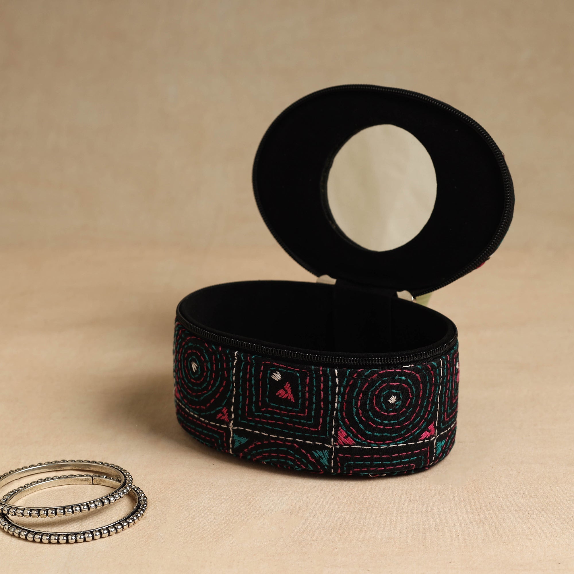ASALKAAR Black - Bengal Kantha Work Handcrafted Oval Jewelry Box with Mirror 12 - view 2