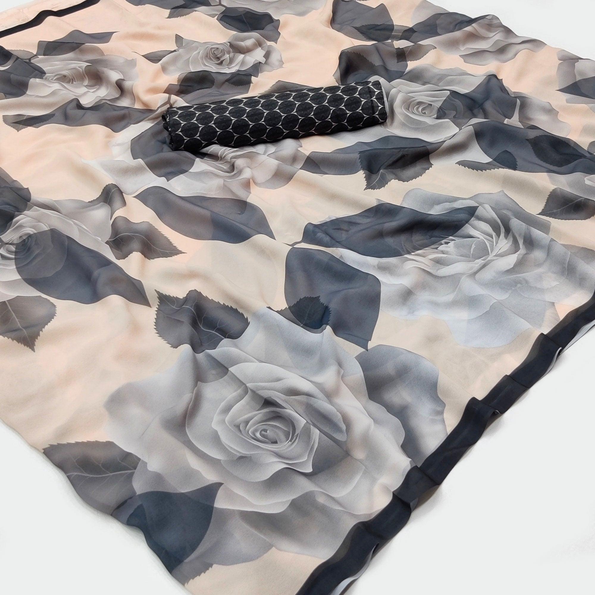 Peachmode Cream Digital Printed Georgette Saree