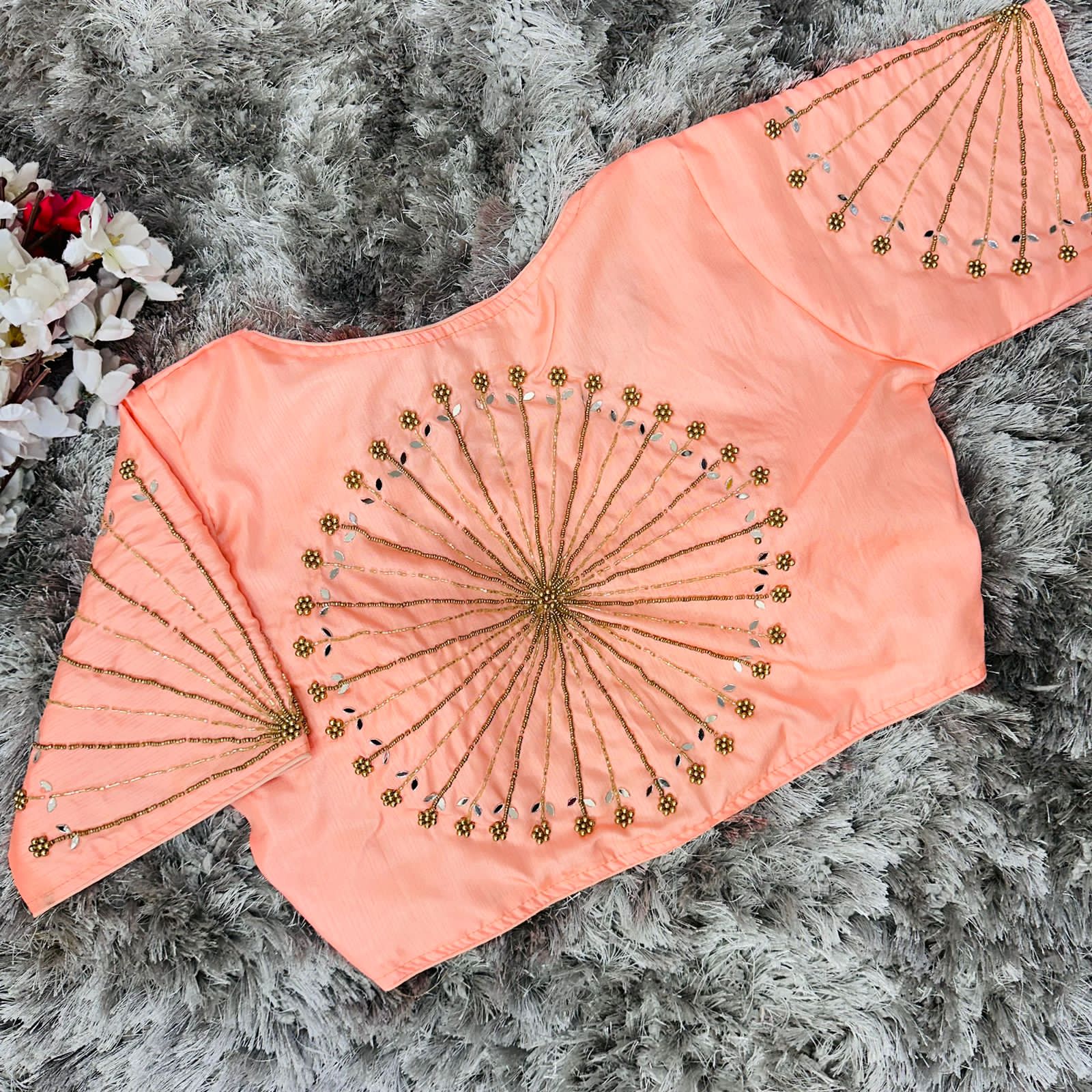 ClothsVilla Orange Handcrafted tumtum silk Golden Blouse with Ambla Mirror Accents - view 3