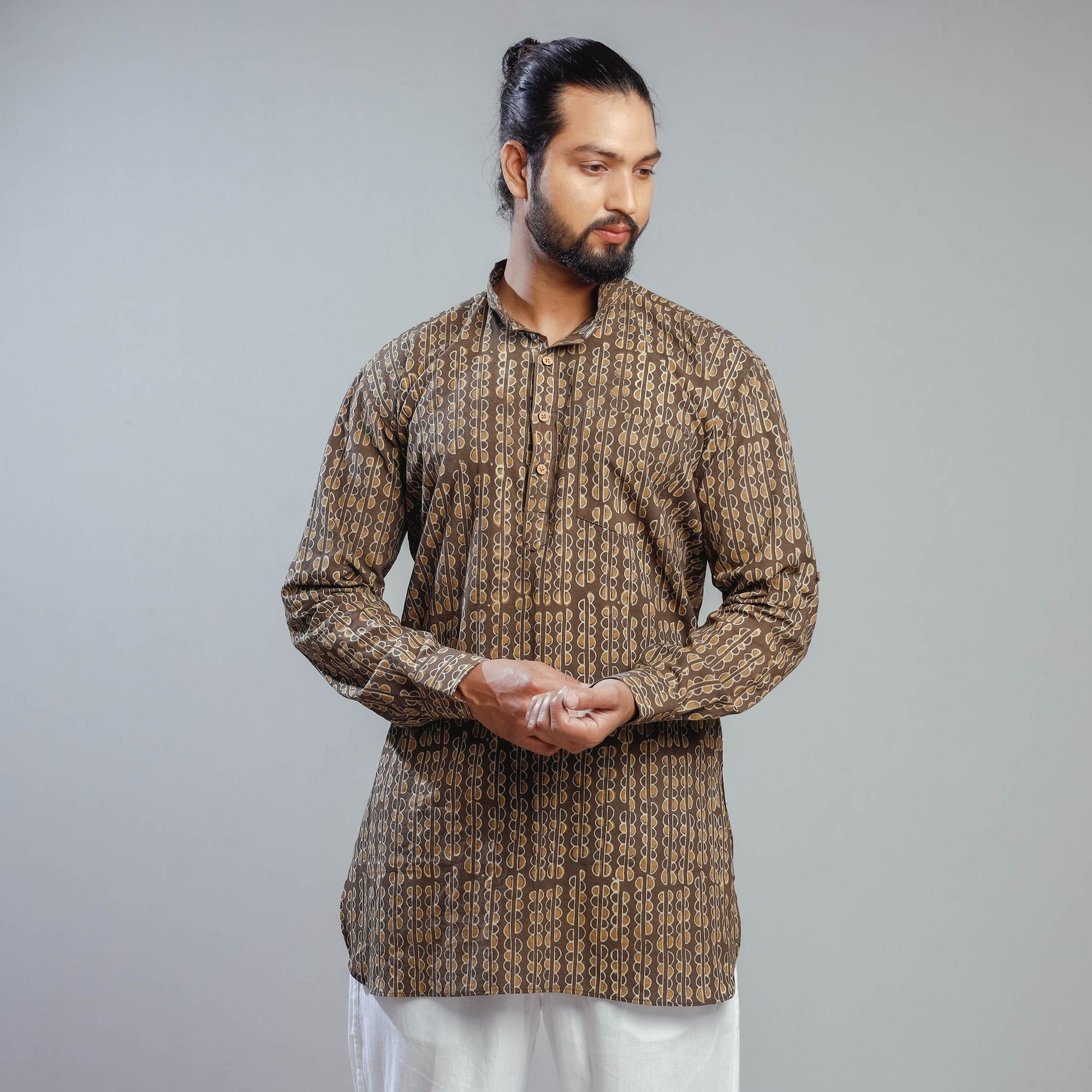 ITOKRI CASUALS Brown - Akola Block Printed Cotton Men Short Kurta
