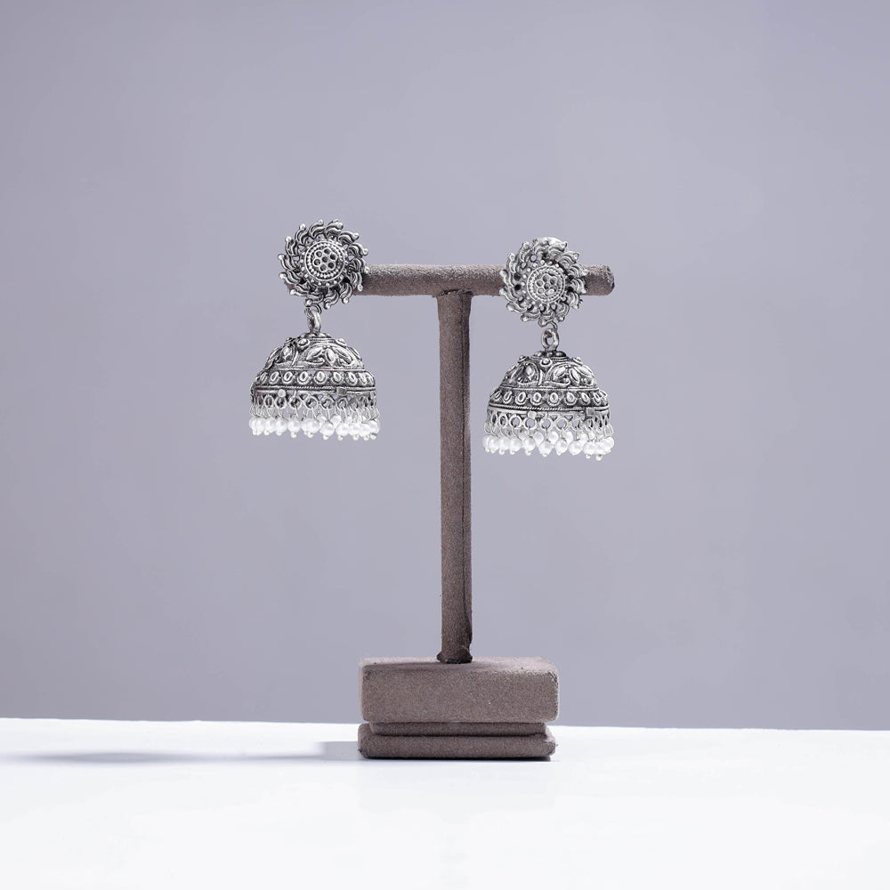 WHITE RIVER STORIES Antique Silver Finish Oxidised Brass Base Jhumki Earrings