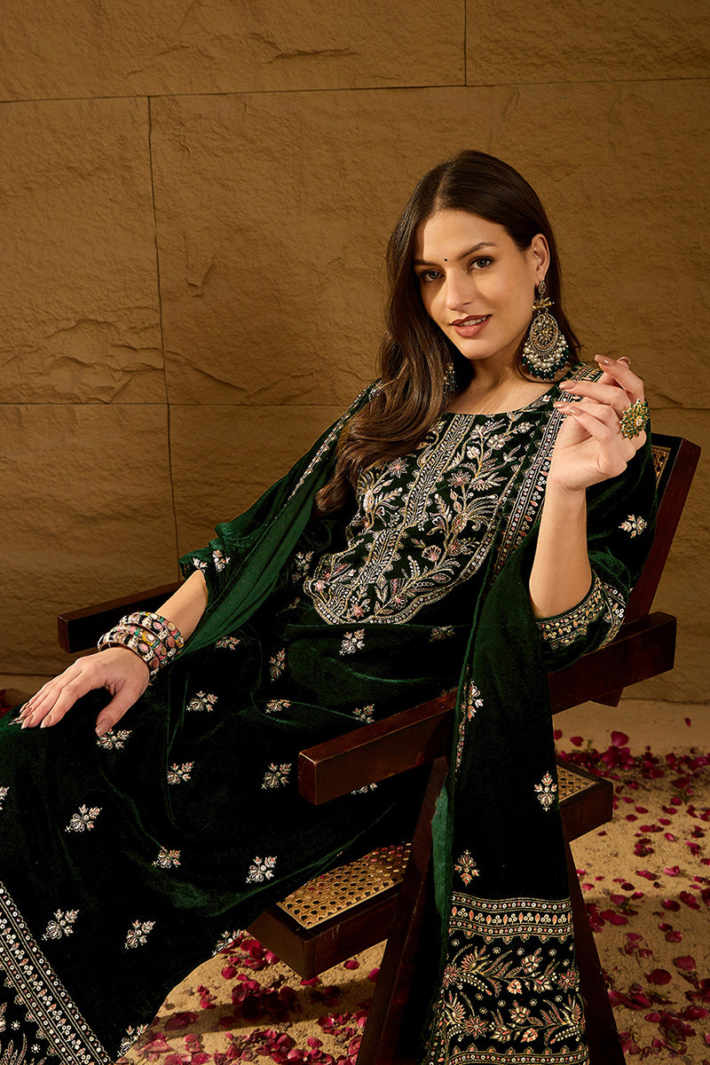 Ahika Green Velvet Ethnic Motifs Printed Straight Trousers Suit Set PKSKD2880