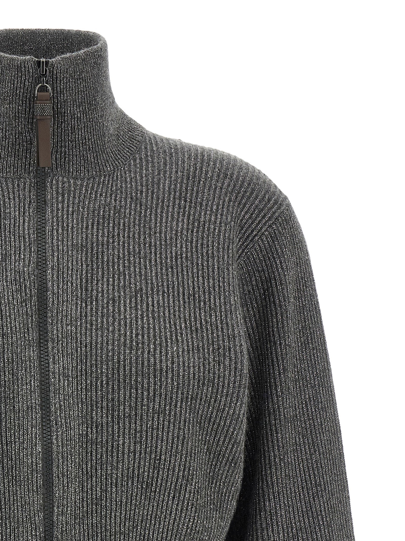 Brunello Cucinelli Ribbed Cardigan With Leather Detail - view 3