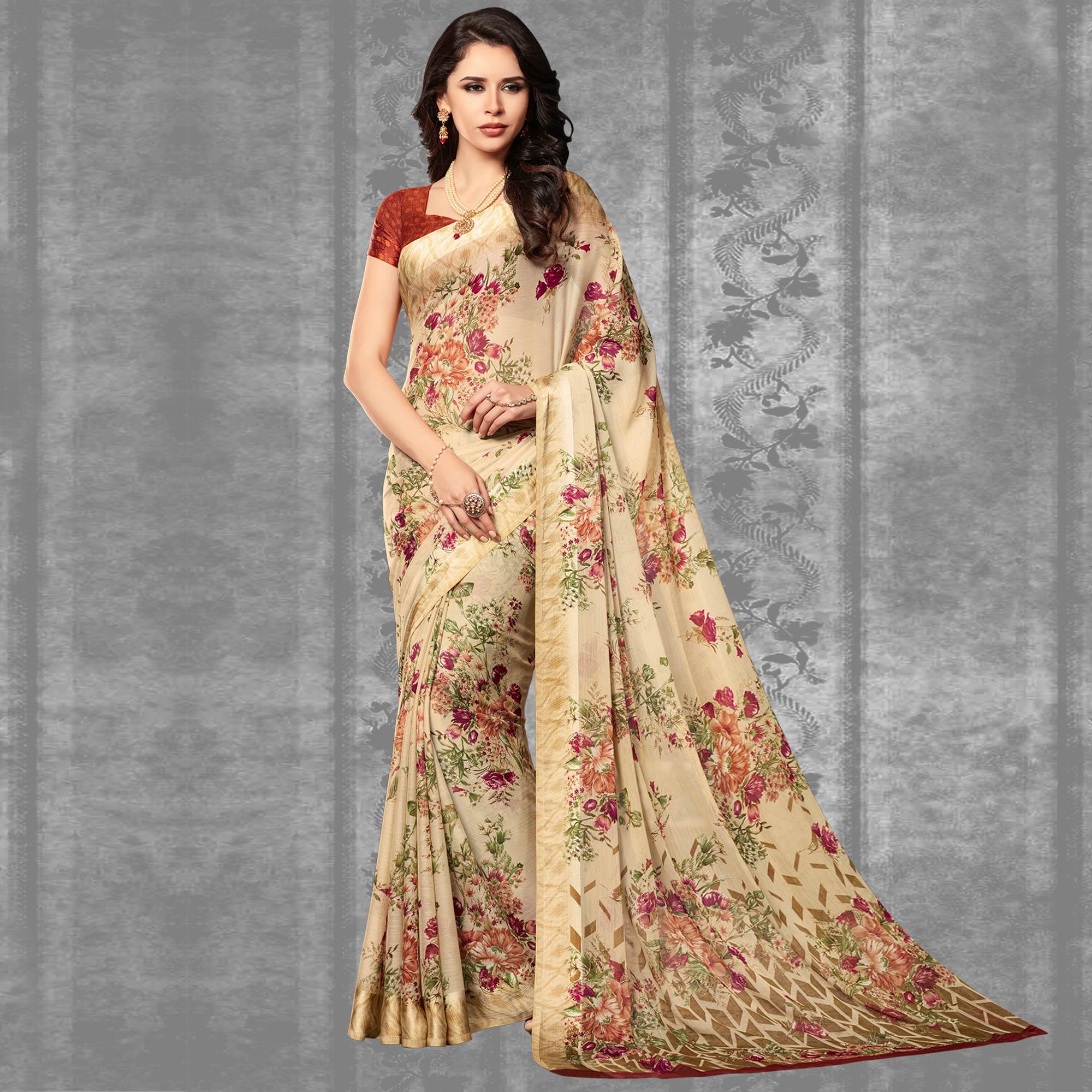 Peachmode Multicolor Festive Wear Floral Printed Chiffon Satin Saree