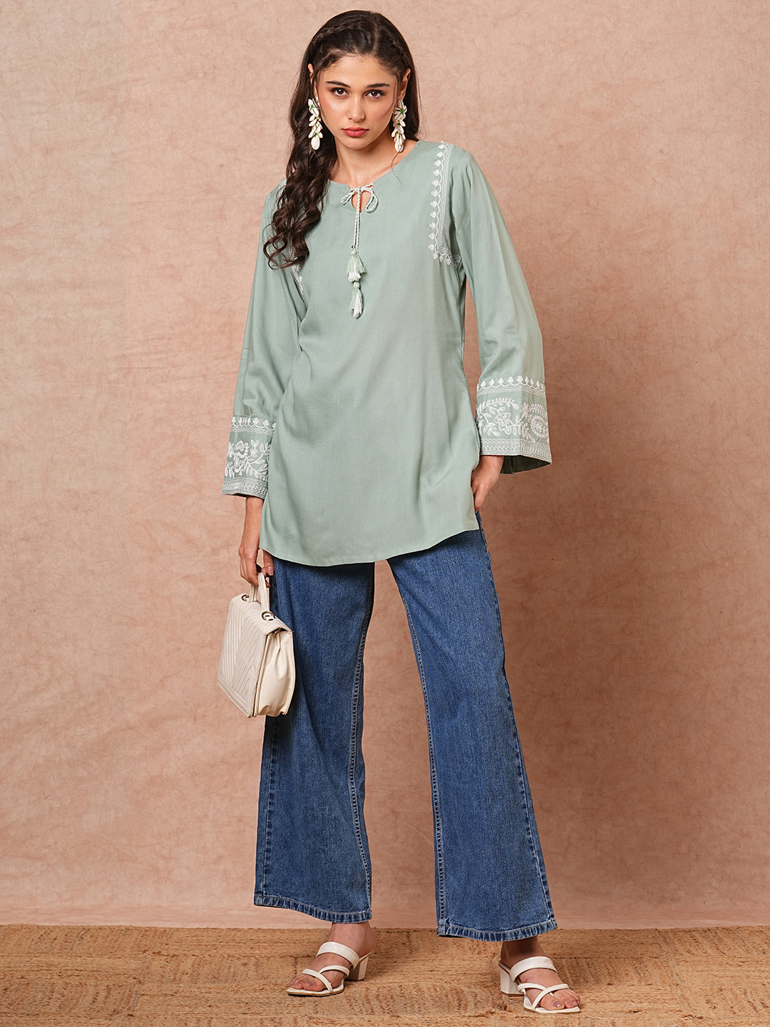 Fashor Floral Embroidered A-Line Fit Short Kurti - Mint Green - view 2